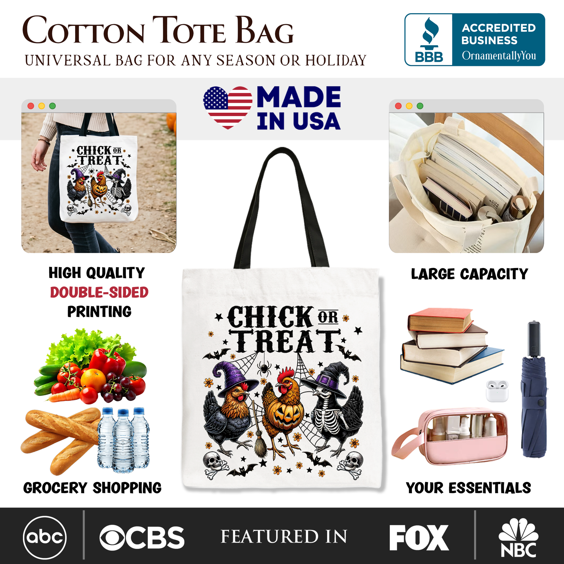 Chick or Treat Canvas Tote Bag, Funny Farmhouse Halloween Shopper