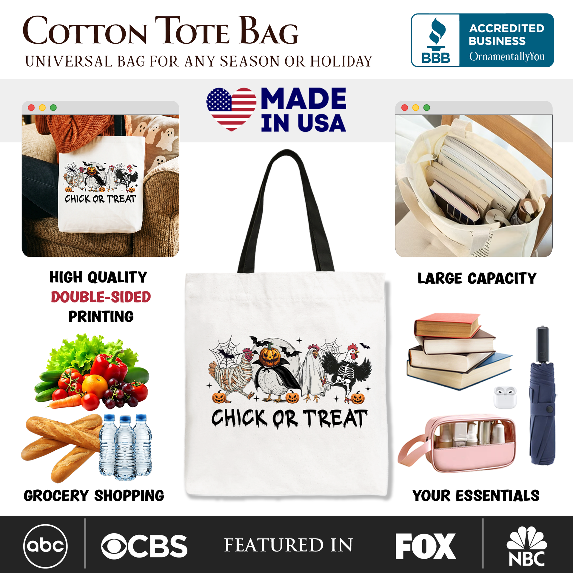 Chick or Treat Halloween Canvas Tote Bag - Whimsical Chicken Print