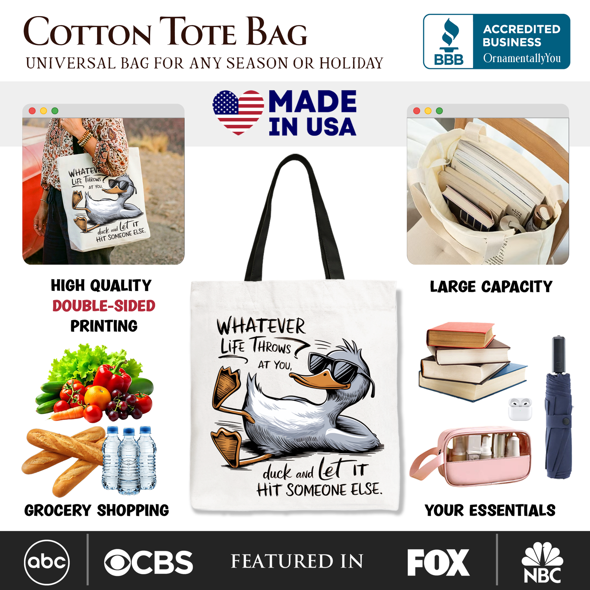 Chill Duck Life Quote Tote Bag, Sarcastic Graphic Shopper
