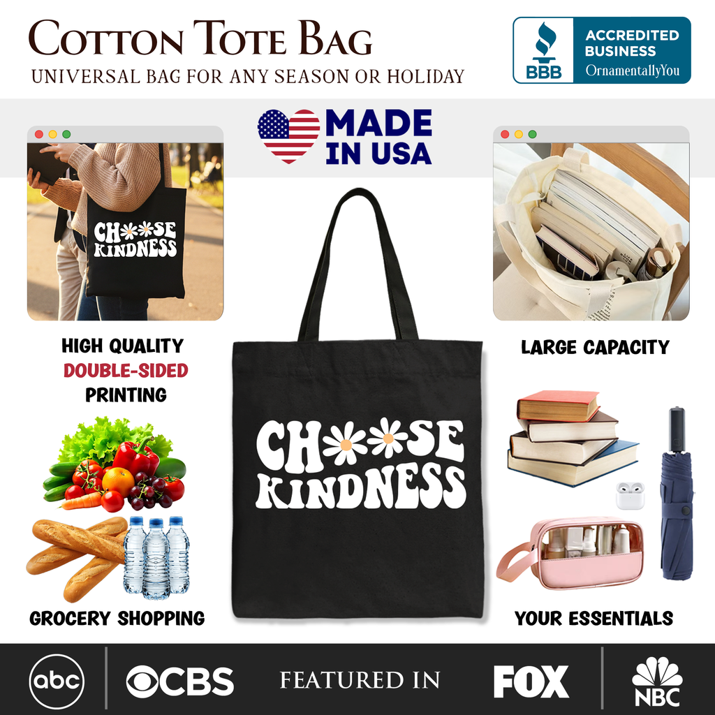 Choose Kindness Daisy Tote Bag Retro Bohemian Cotton Shopper