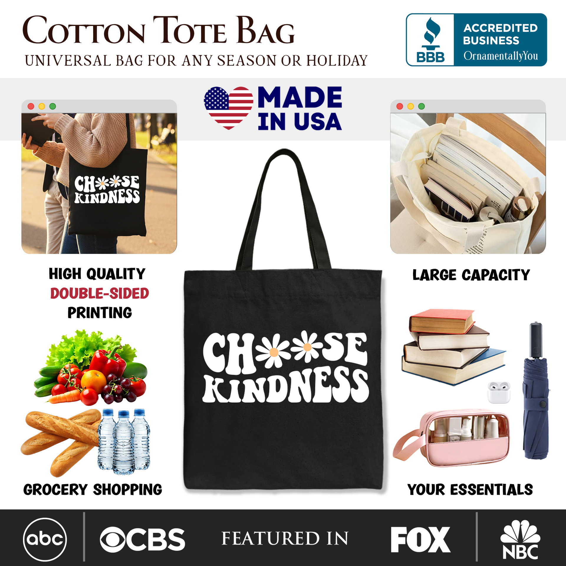 Choose Kindness Daisy Tote Bag Retro Bohemian Cotton Shopper
