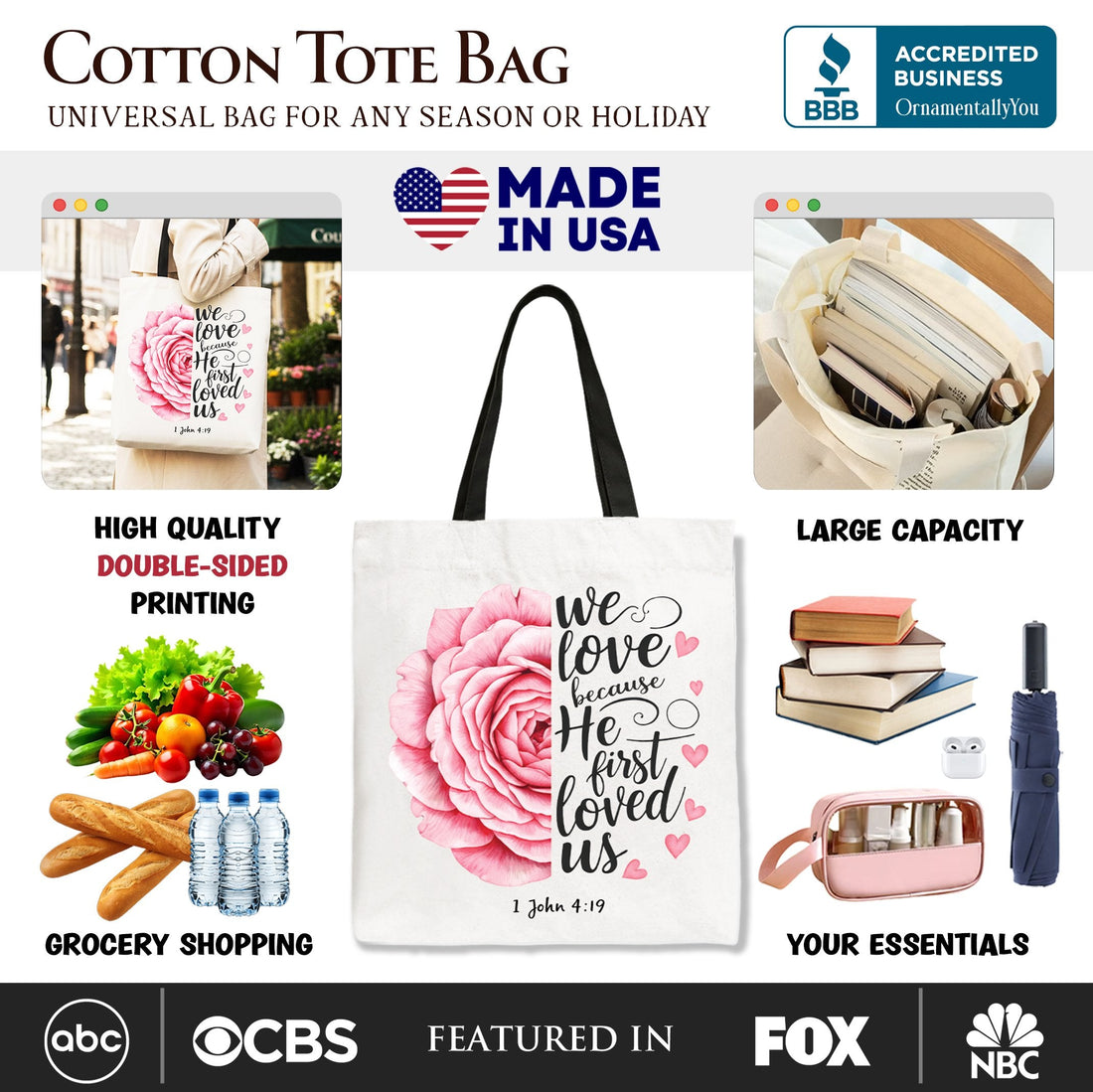 1 John 4:19 Floral Rose Christian Tote Bag - Faith-Based Shopper