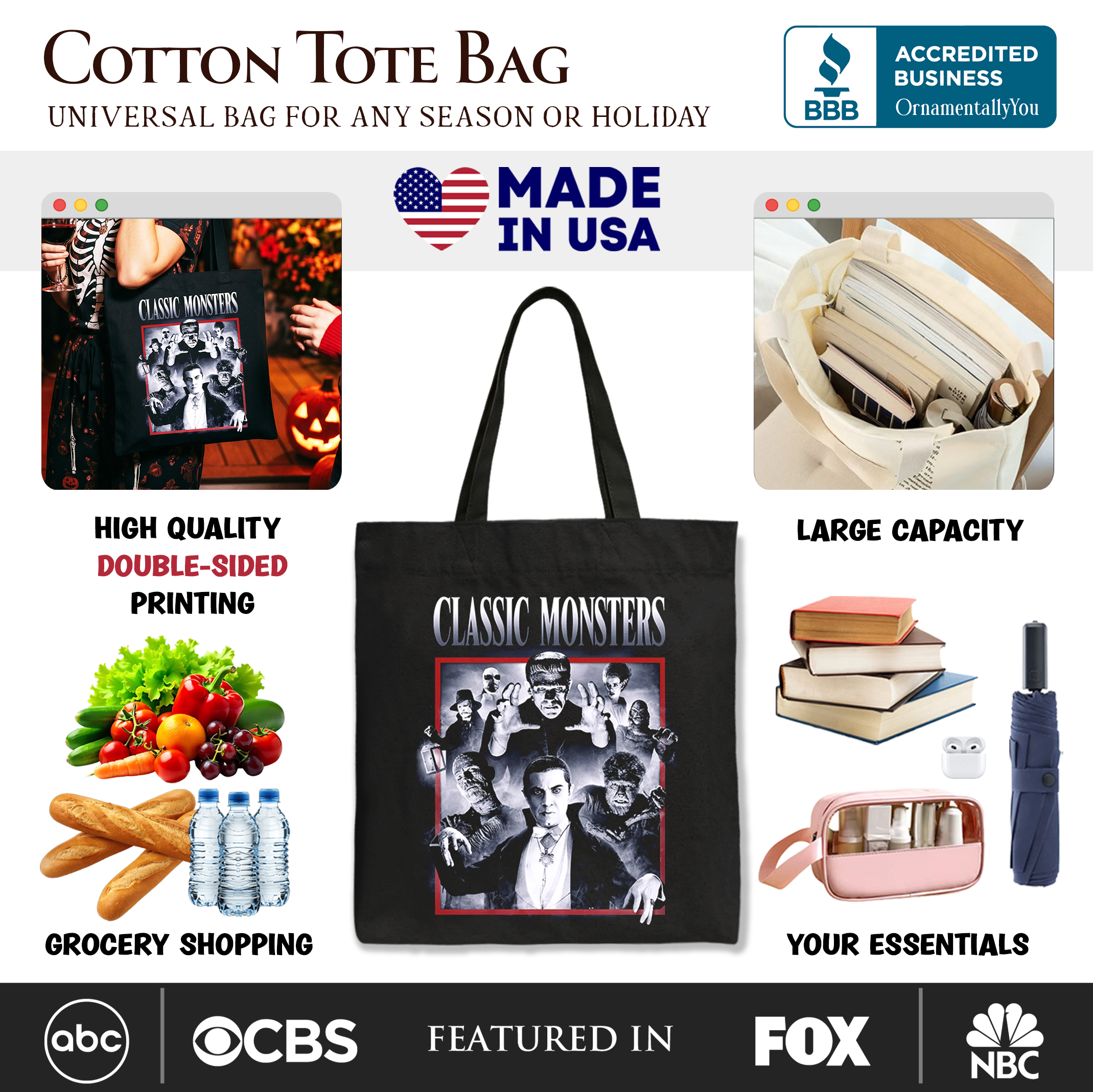 Classic Monsters Black and White Tote Bag - Retro Horror Shopper