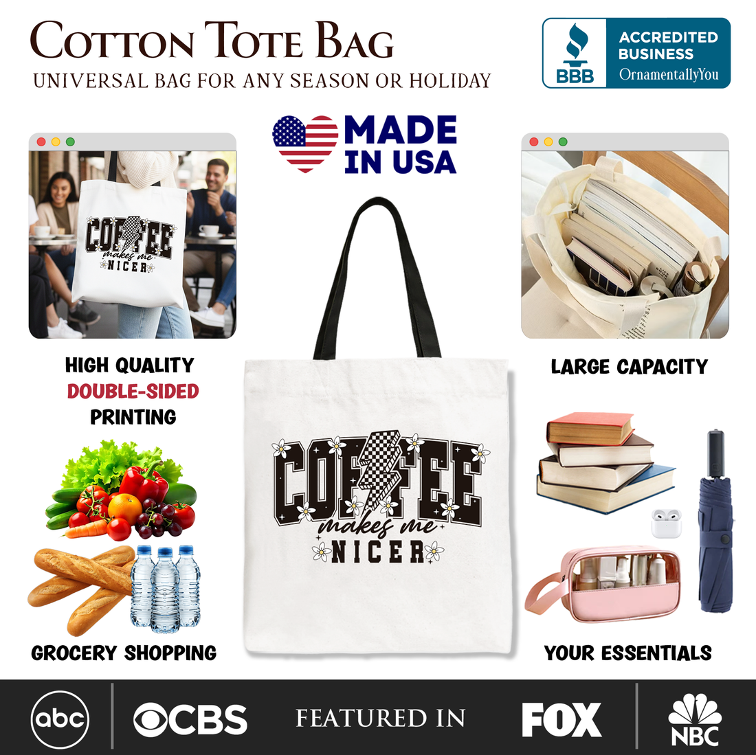 Coffee Makes Me Nicer Retro Tote Bag – Casual Cotton Shopper