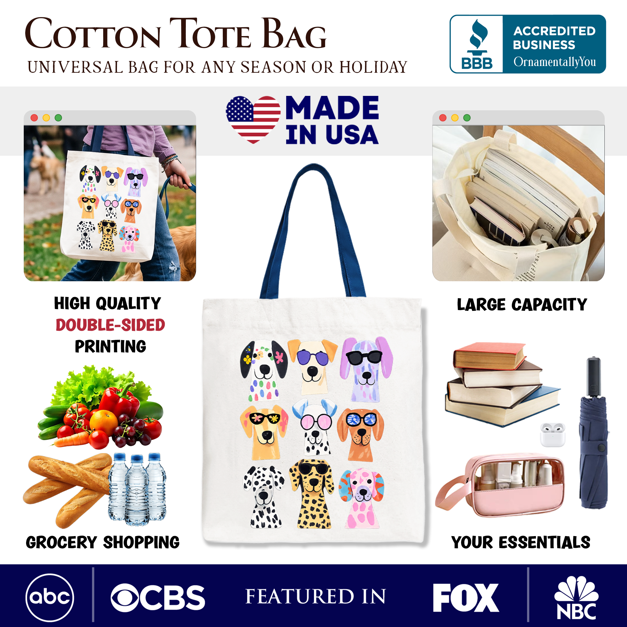 Colorful Dogs Tote Bag, Animals Breeds Summer Gift Shopper