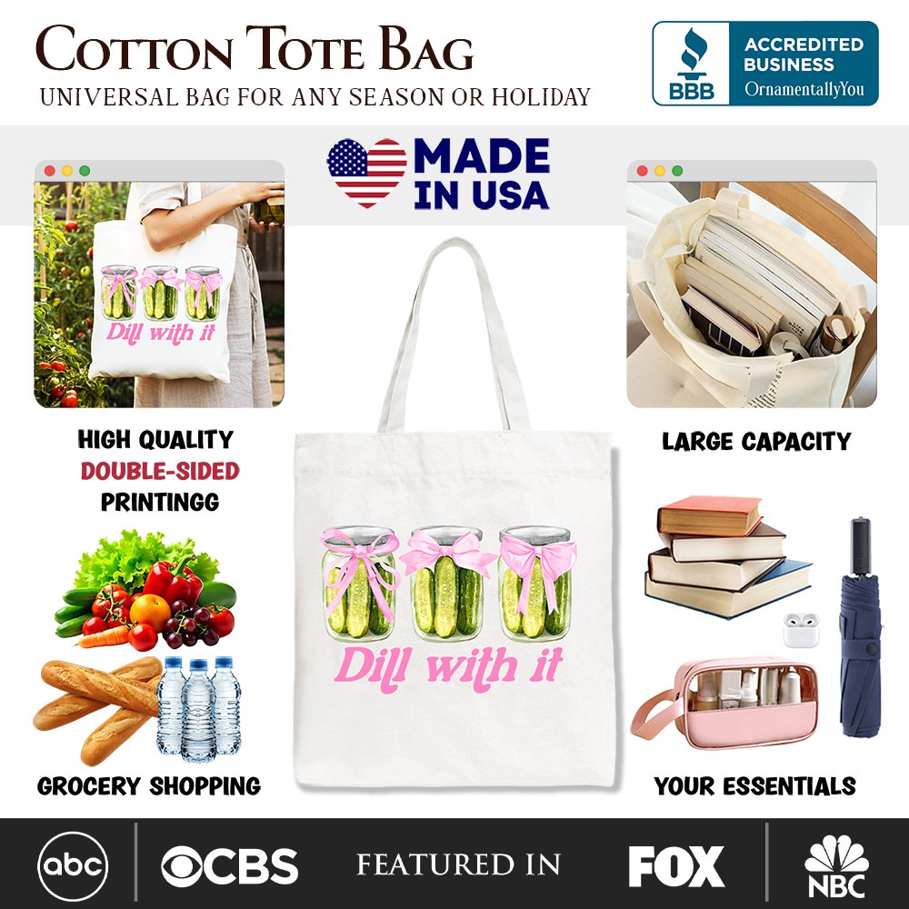 Coquette Pickle Tote Bag with Pink Bow, Funny Canvas Shopper