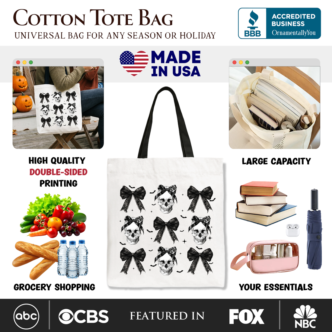 Coquette Skulls and Bows Tote Bag, Gothic Aesthetic Canvas Shopper