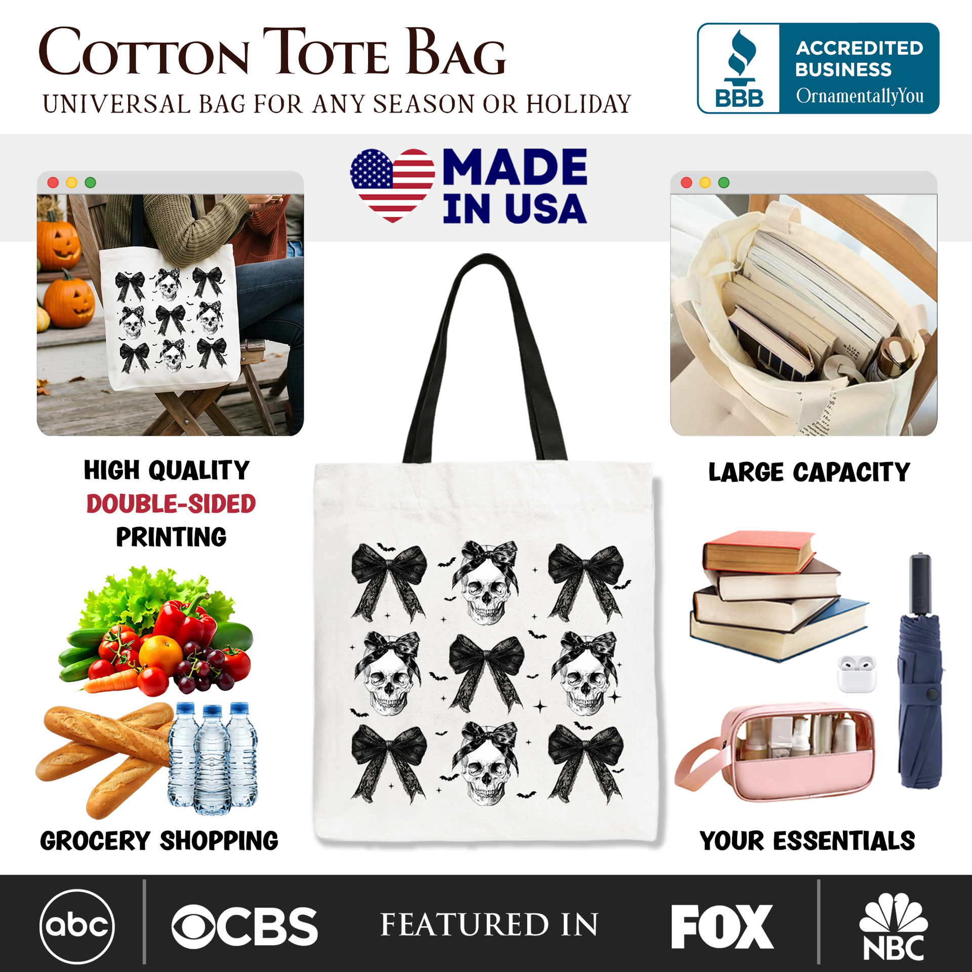 Coquette Skulls and Bows Tote Bag, Gothic Aesthetic Canvas Shopper