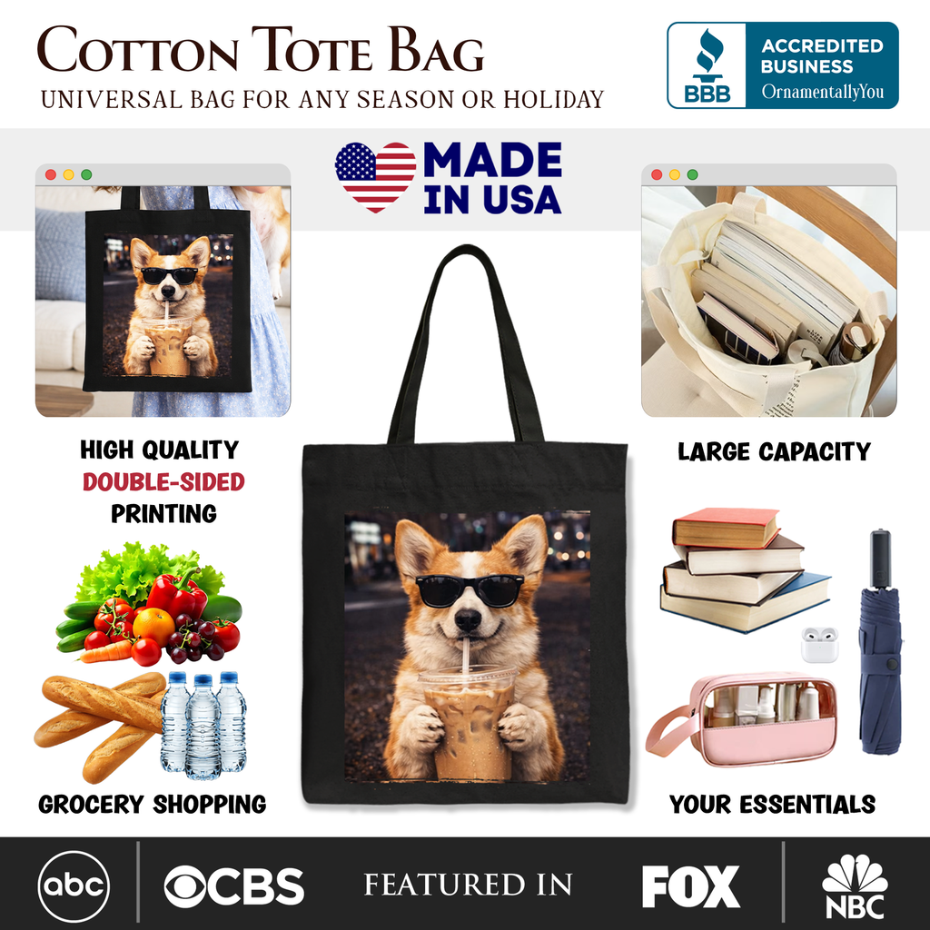 Corgi Iced Coffee Graphic Tote Bag, Funny Dog Lover Gift Shopper