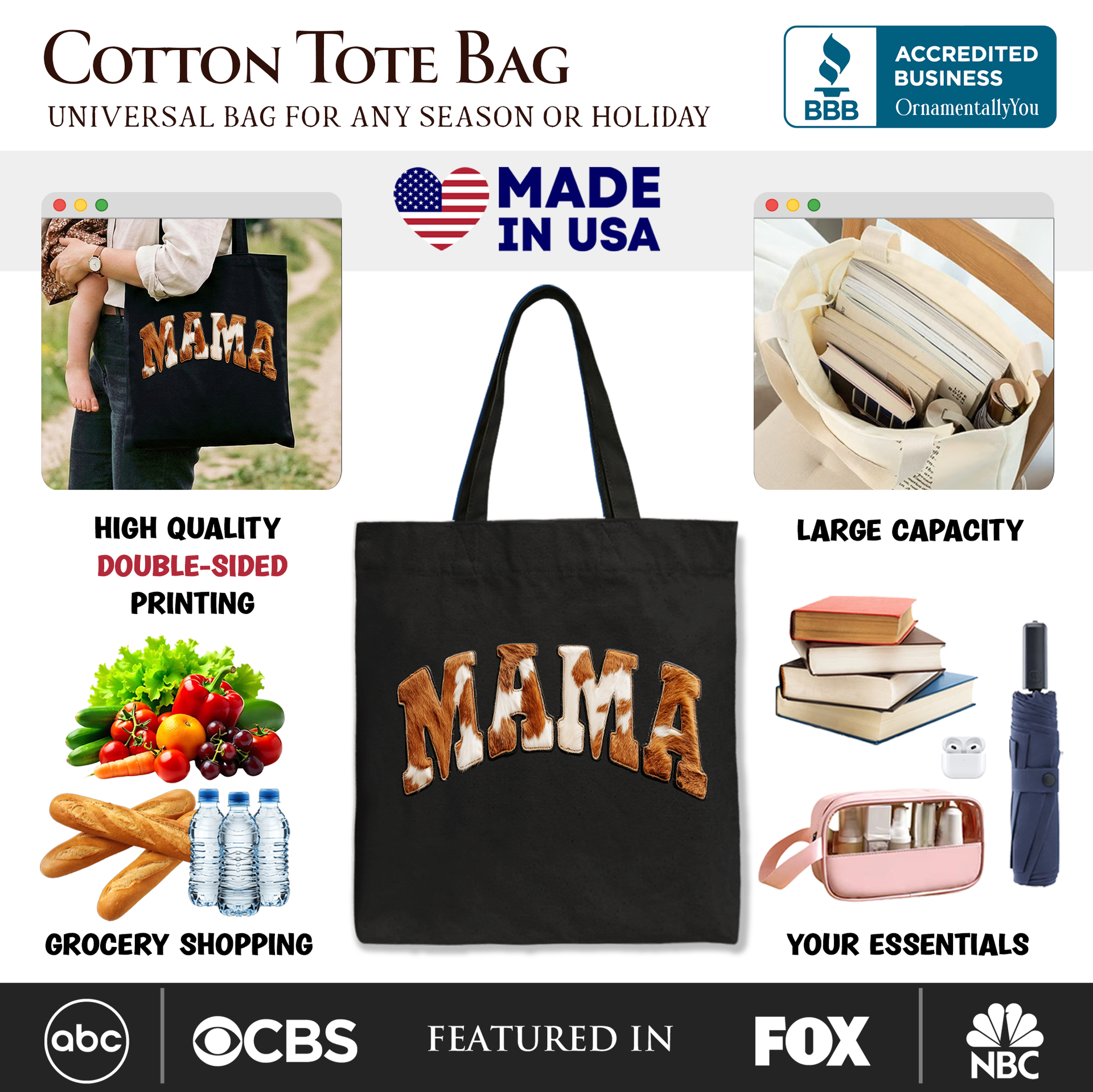 Cow Print Mama Western Tote Bag Faux Cowhide Mom Gift Shopper