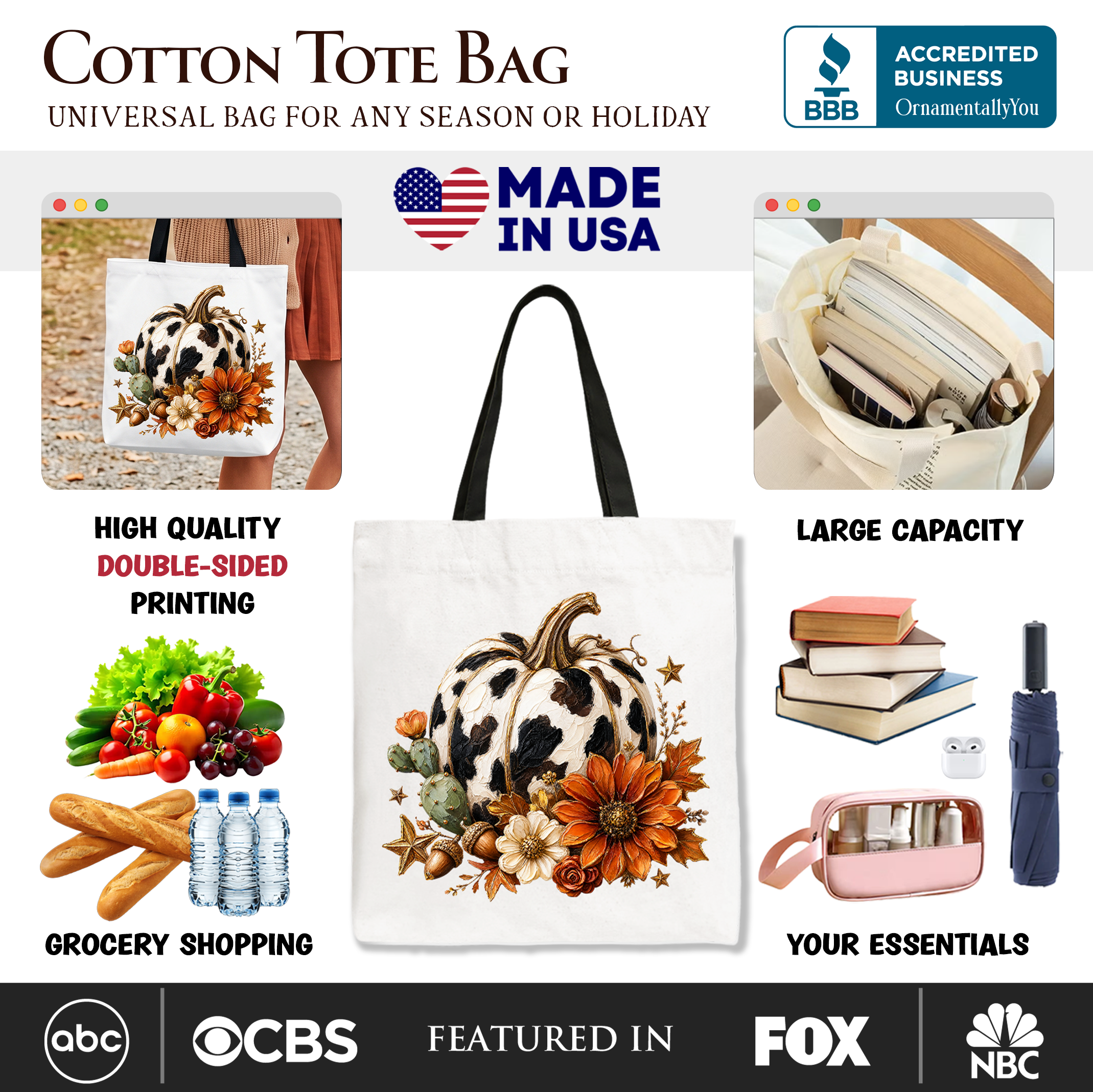 Cow Pumpkin Floral Tote Bag, Western Autumn Harvest Gift Shopper
