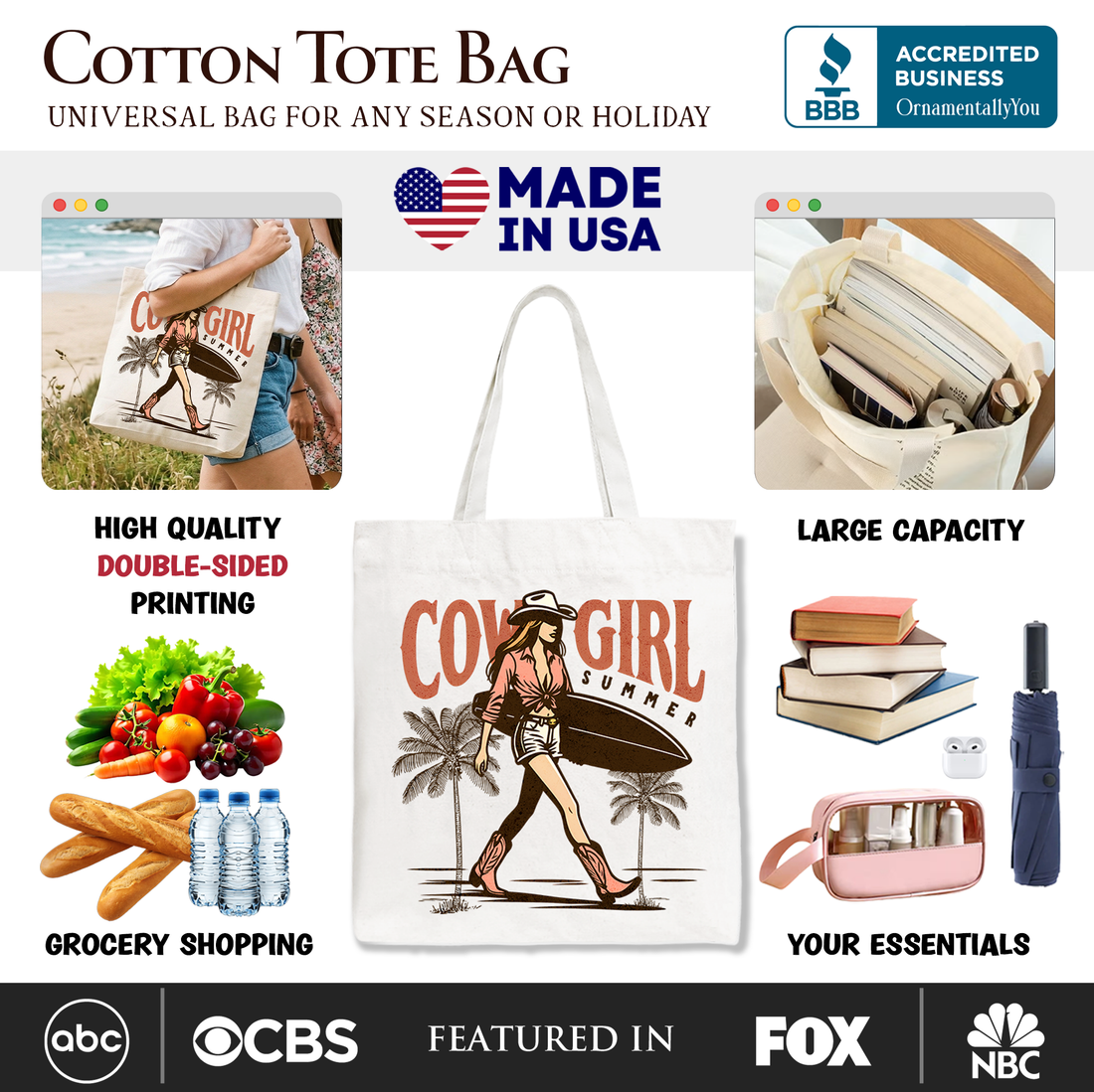 Cowgirl Summer Surf Tote Bag - Retro Western Beach Shopper