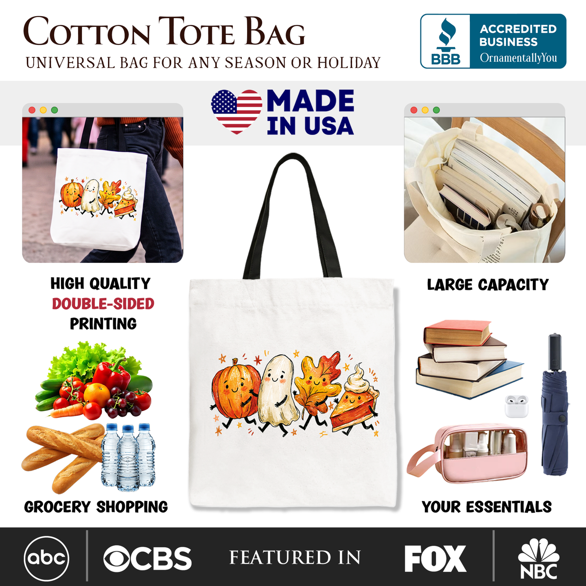 Cute Fall Characters Tote Bag, Pumpkin Ghost Leaf Pie Autumn Gift Shopper