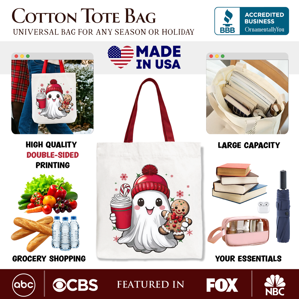 Cute Ghost Christmas Tote Bag, Adorable Gingerbread and Cocoa Holiday Gift Shopper