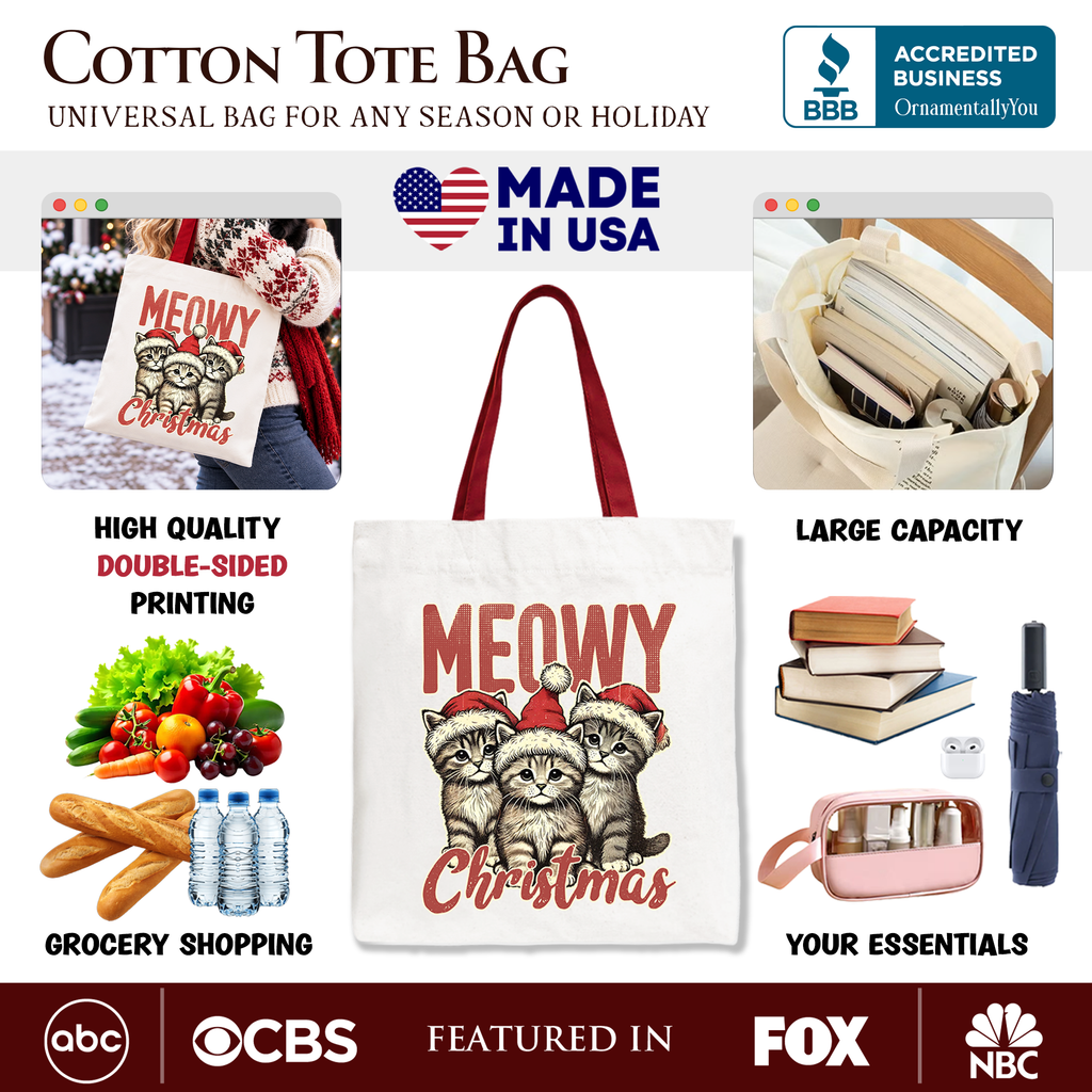Cute Meowy Christmas Tote Bag, Baby Cat In Santa Hat Holiday Gift Shopper