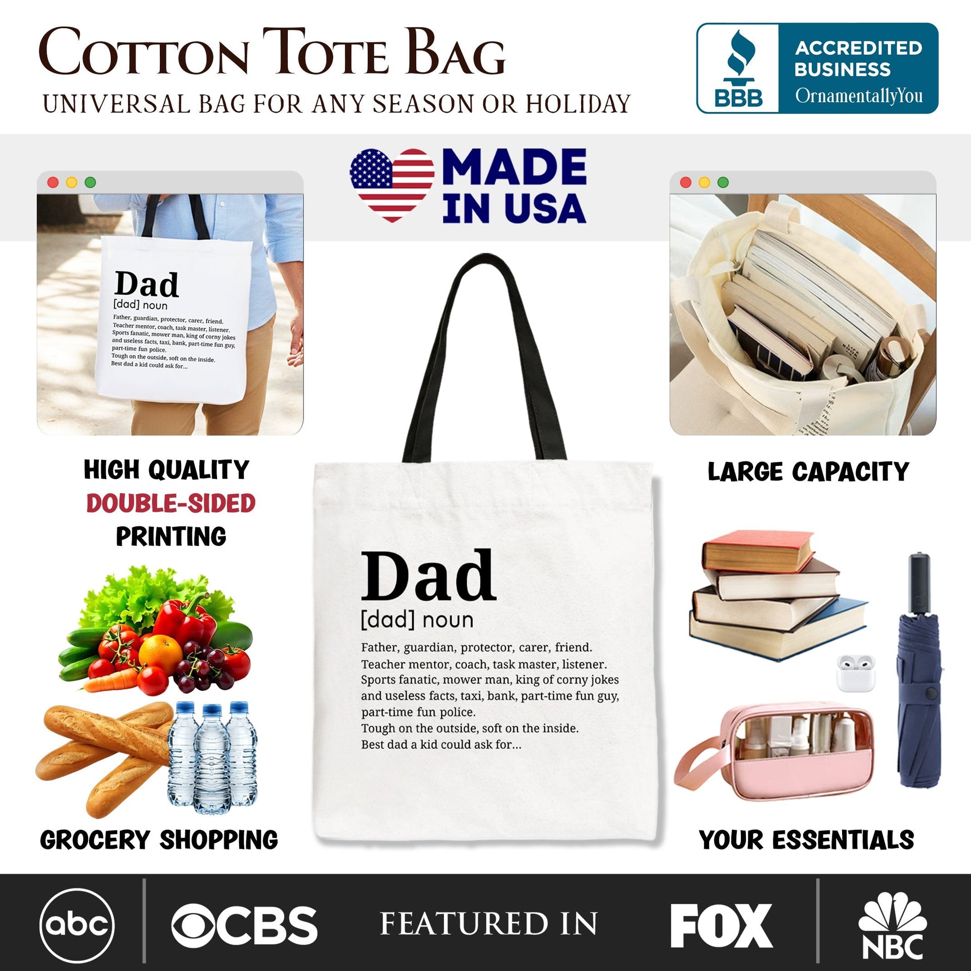 Funny Dad Definition Cotton Canvas Tote Bag, Minimalist Shopper