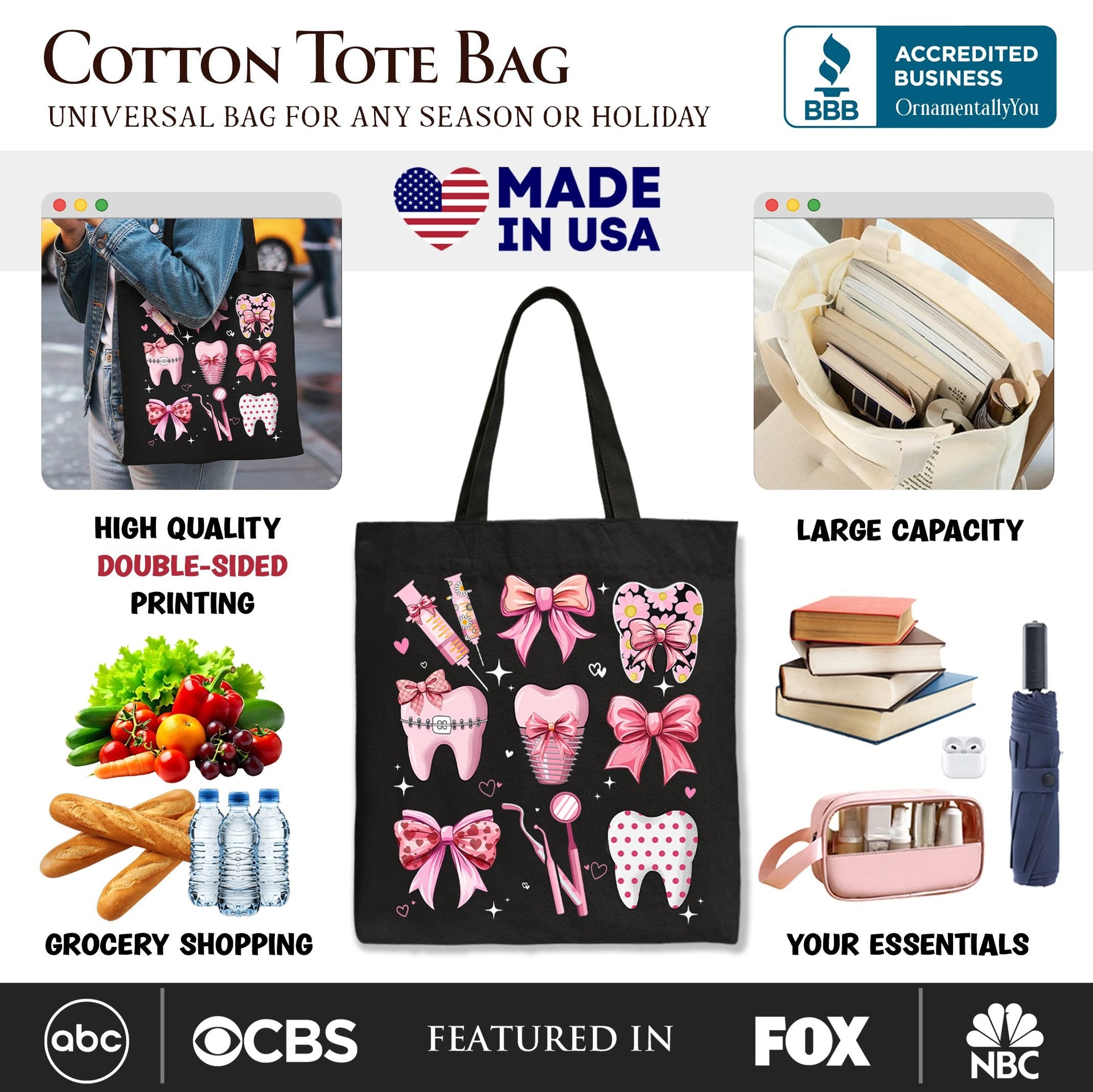 Coquette Canvas Tote Bag, Pink Teeth Dentist Life Bow Shopper