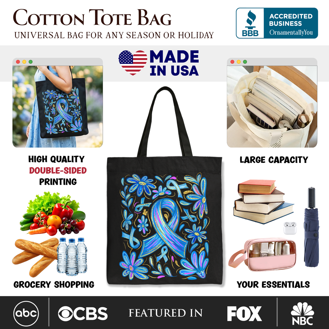 Diabetes Awareness Blue Ribbon Floral Tote Bag Support Gift
