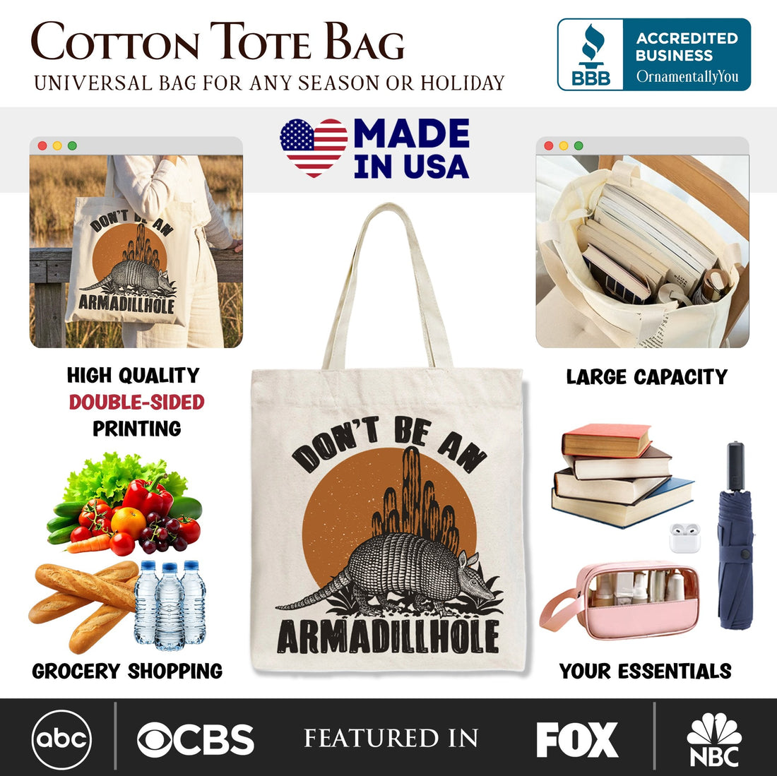 Don’t Be An Armadillhole Canvas Tote, Funny Western Animal Bag