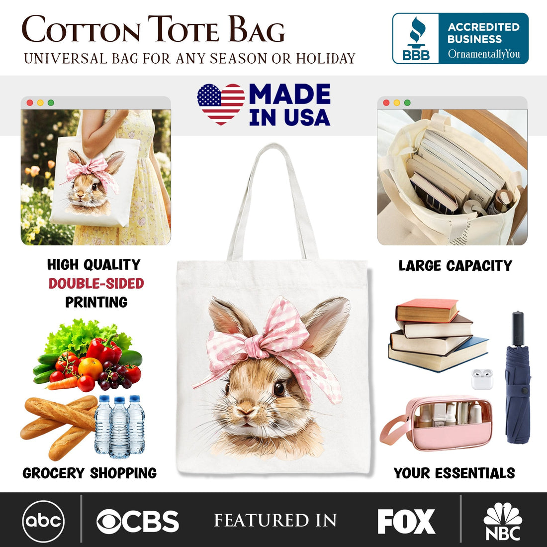Easter Bunny Coquette Pink Bow Tote Bag Watercolor Gift Shopper