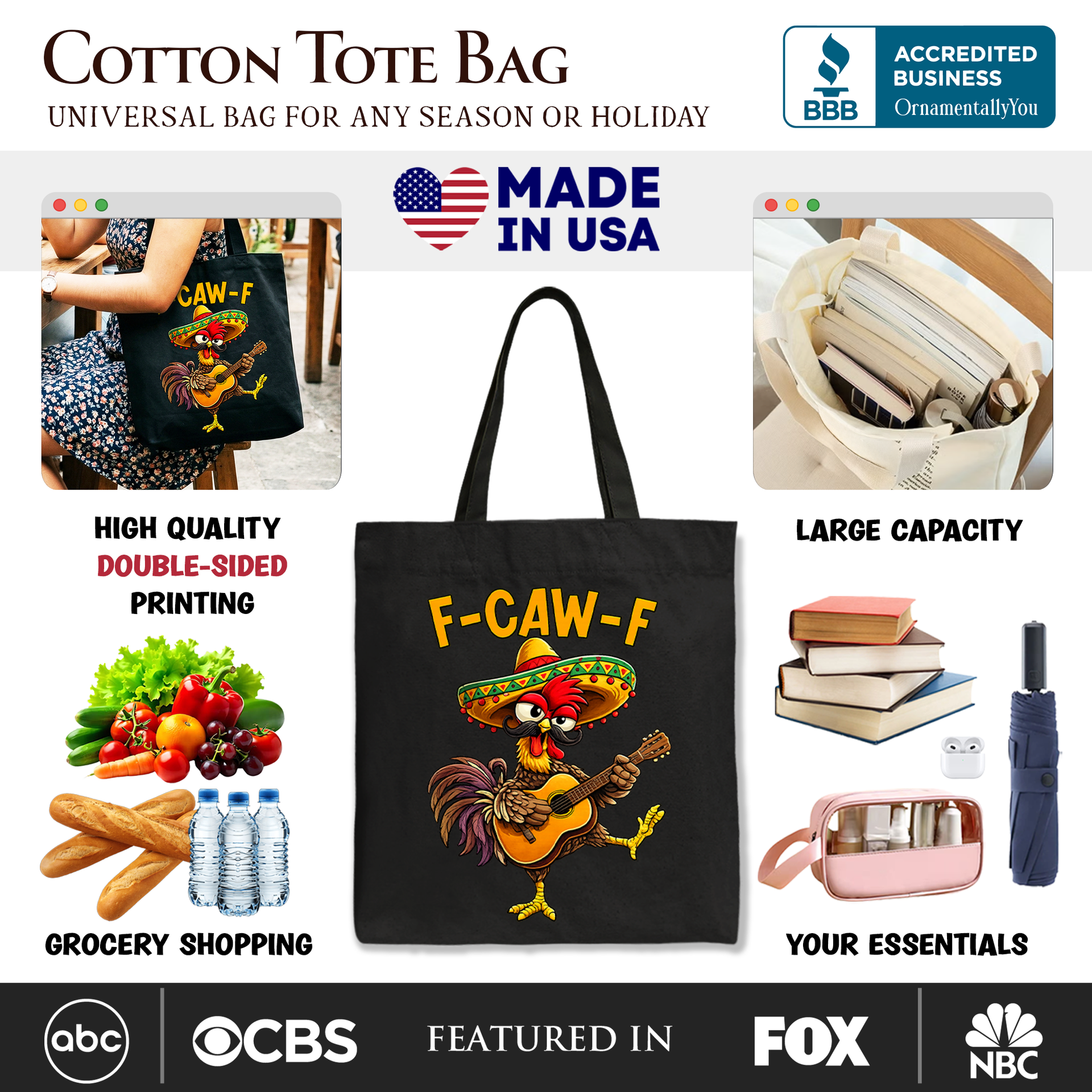 Funny Rooster Cinco De Mayo Graphic Cotton Tote Bag