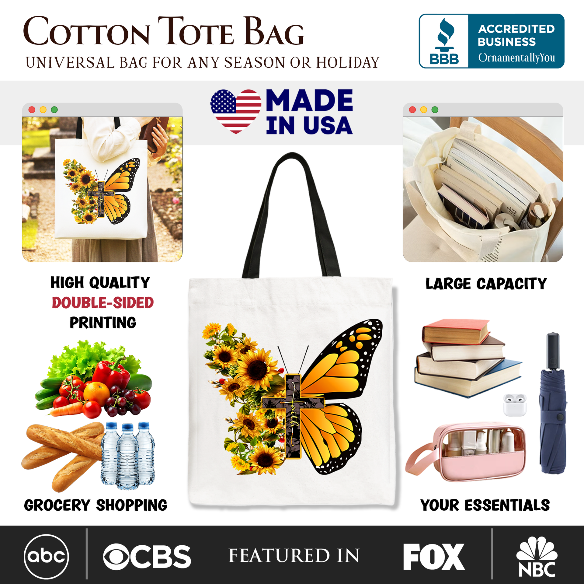Faith Cross Butterfly Tote Bag - Christian Floral Cotton Shopper