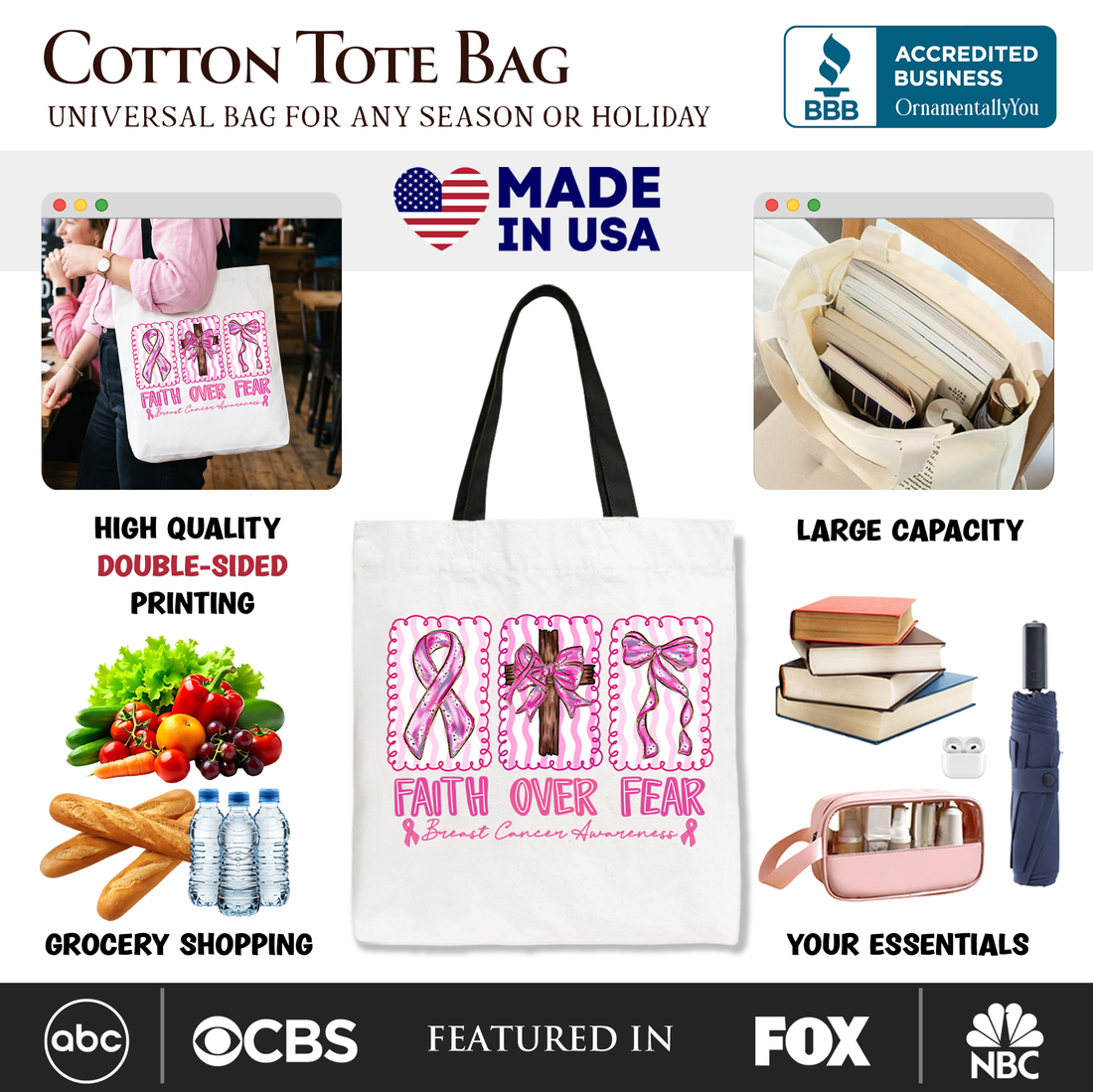 Faith Over Fear Pink Ribbon Breast Cancer Awareness Tote Bag
