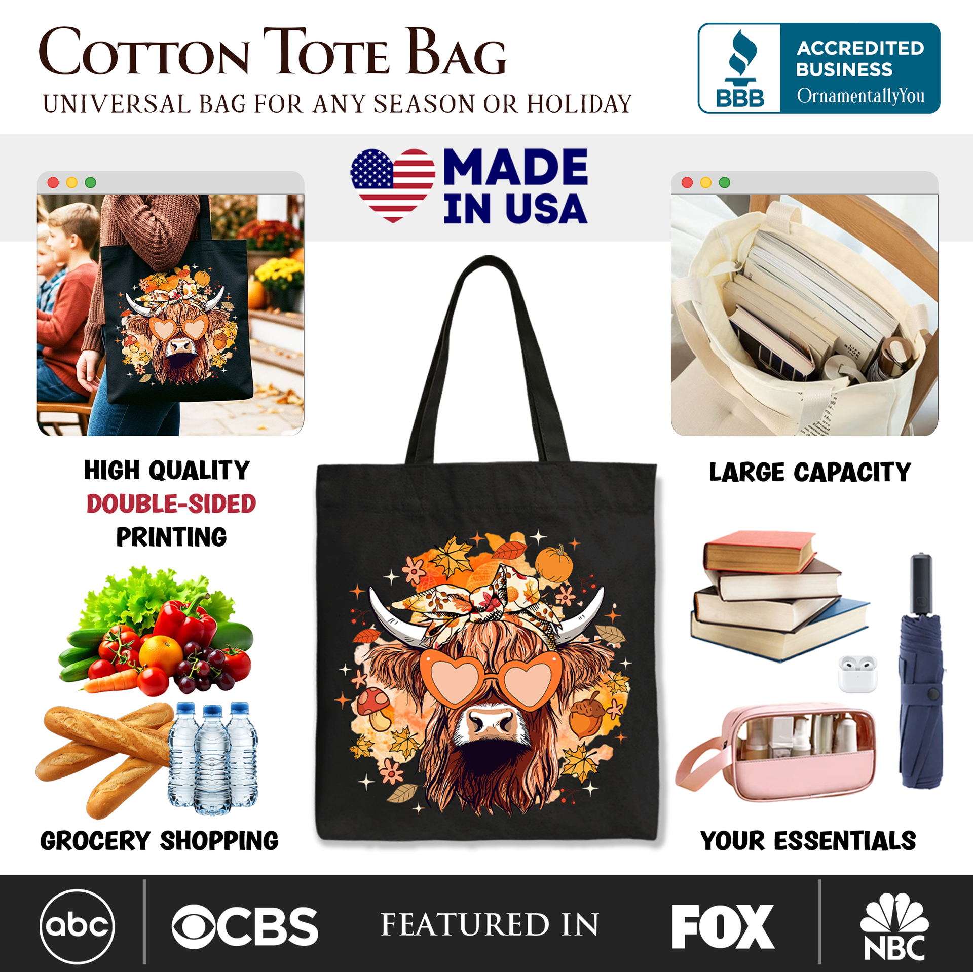 Fall Highland Cow Messy Bun Howdy Autumn Canvas Tote Bag