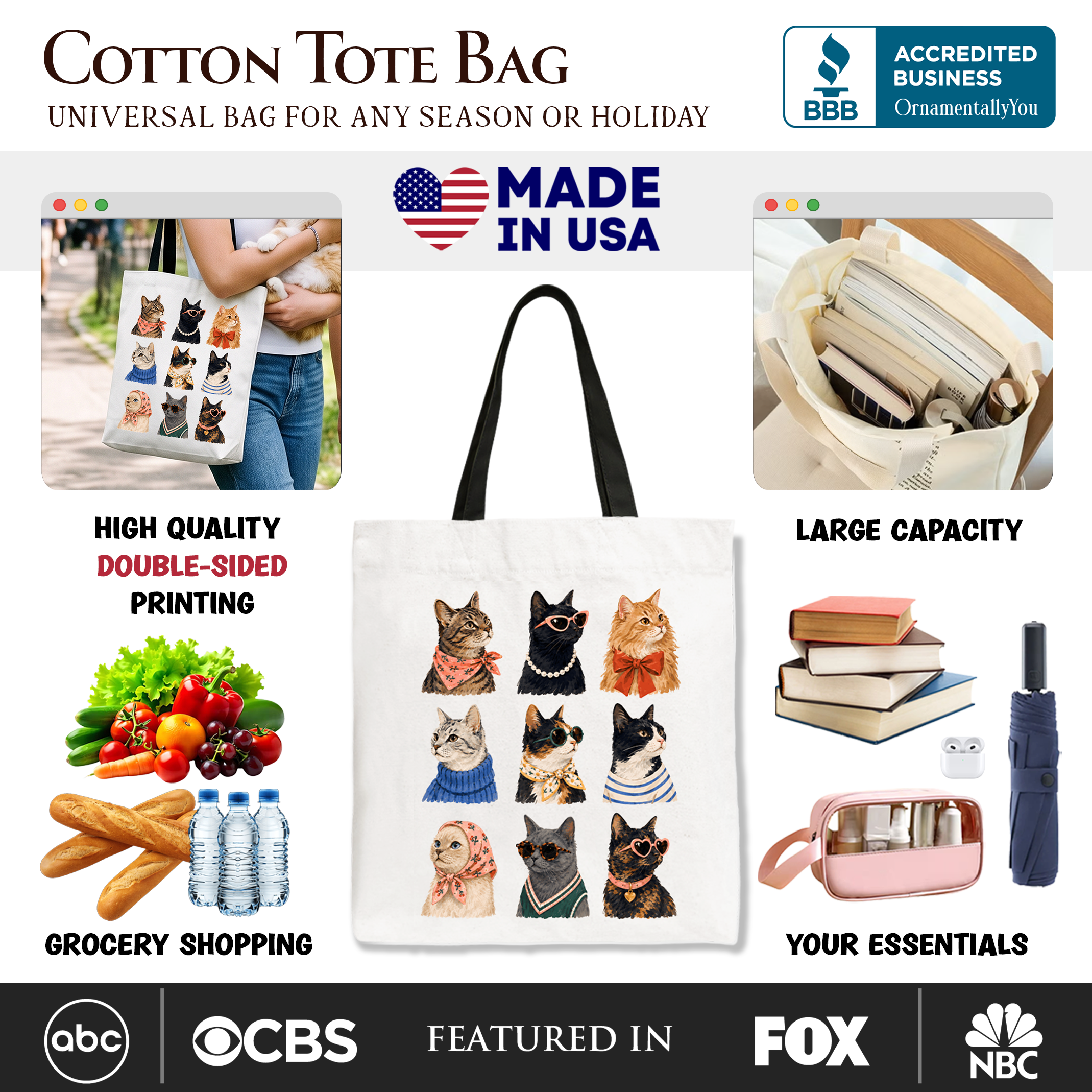 Fashion Colorful Cats Tote Bag, Animals Breeds Summer Gift Shopper