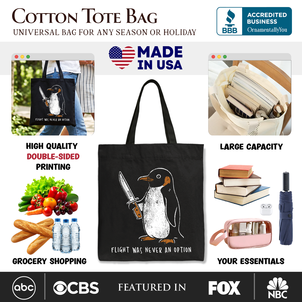 Flight Was Never an Option Penguin Tote Bag, Funny Dark Humor Knife Gift Shopper