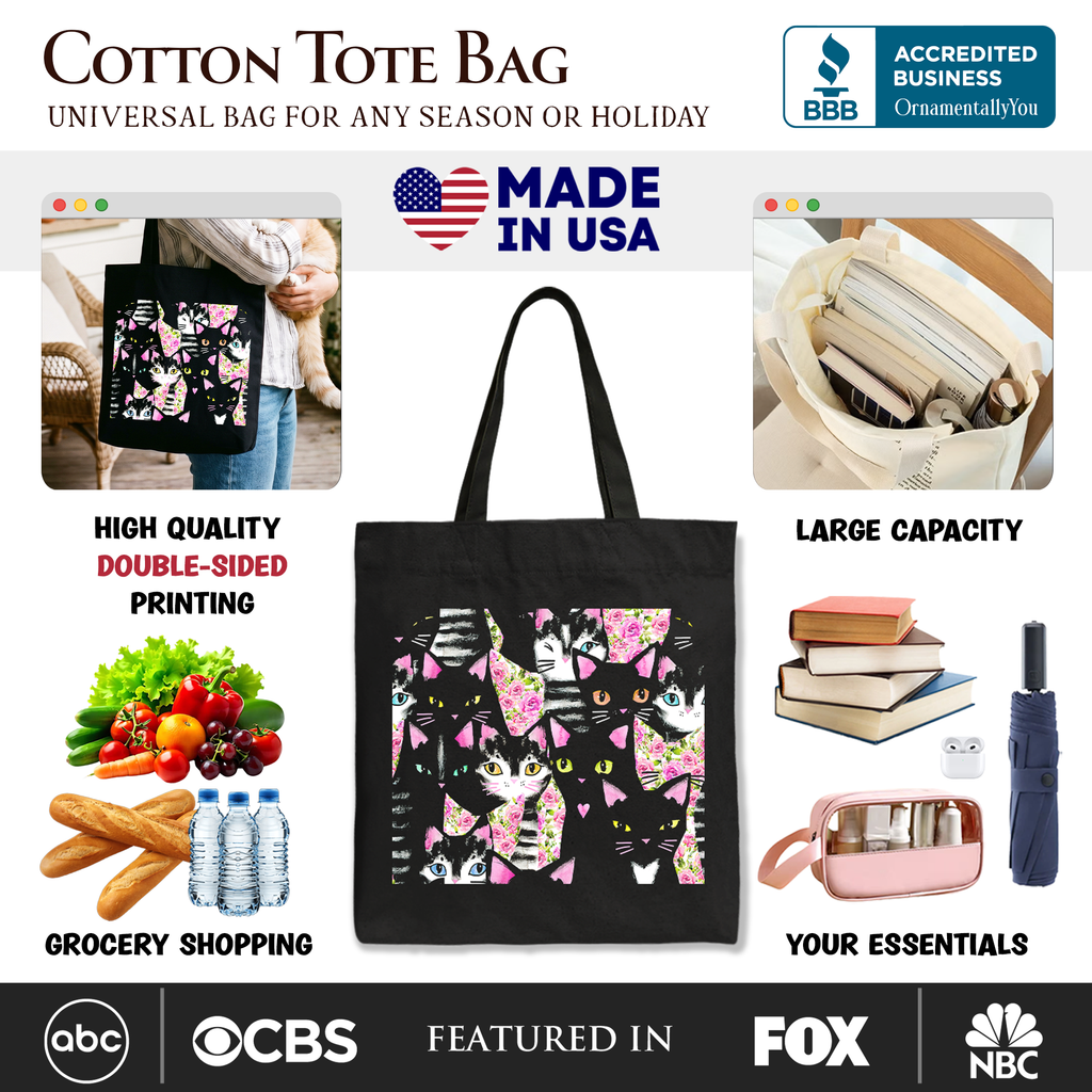 Floral Black and Pink Cat Pattern Tote Bag - Kitten Collage Shopper