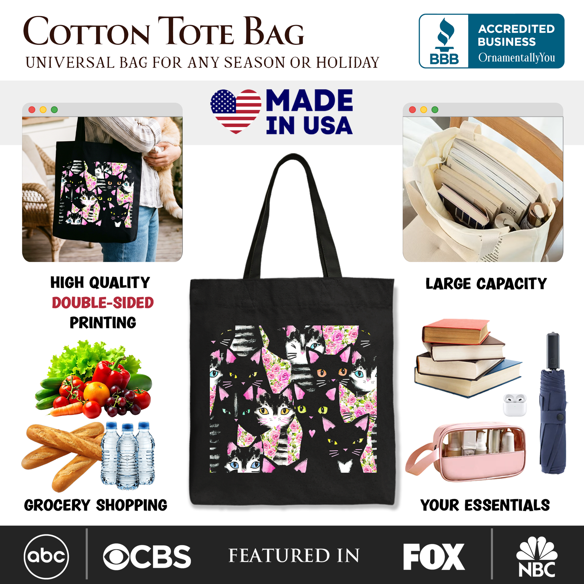 Floral Black and Pink Cat Pattern Tote Bag - Kitten Collage Shopper
