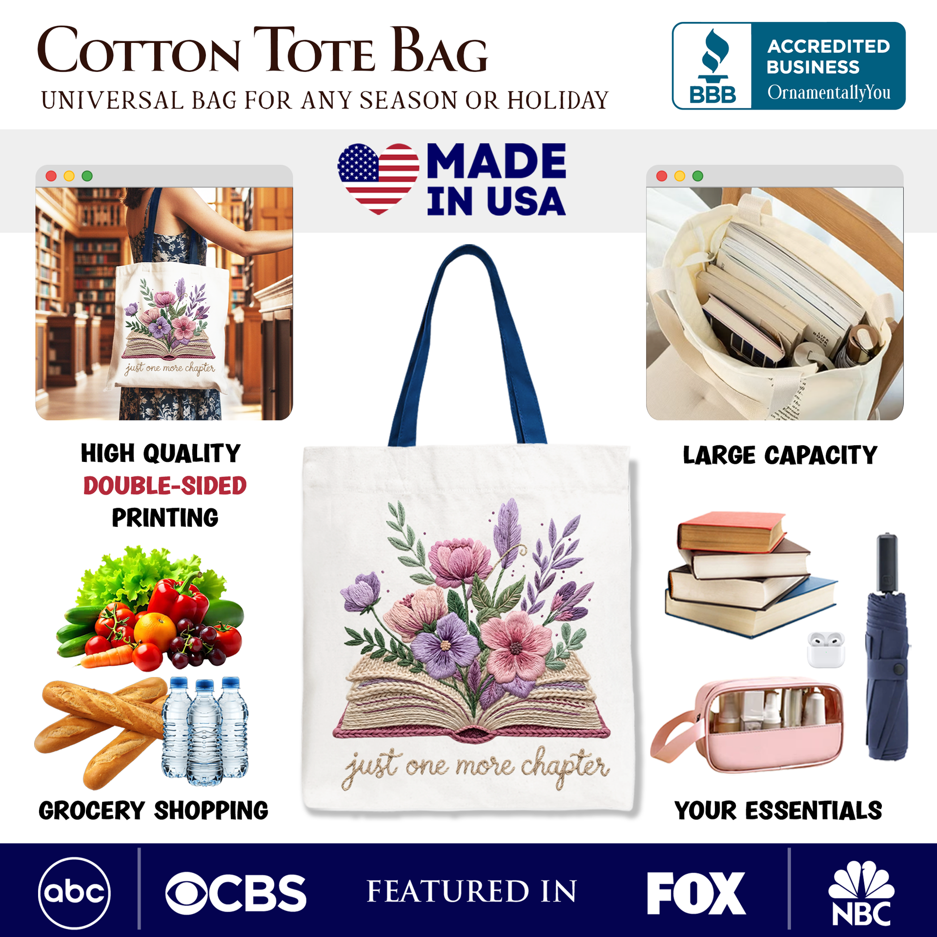 Floral Book Print Cotton Tote Bag - Boho Library Shopper