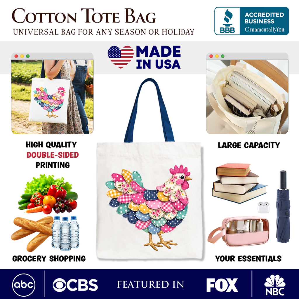 Floral Chicken Faux Patchwork Tote Bag, Coquette Farmhouse Gift