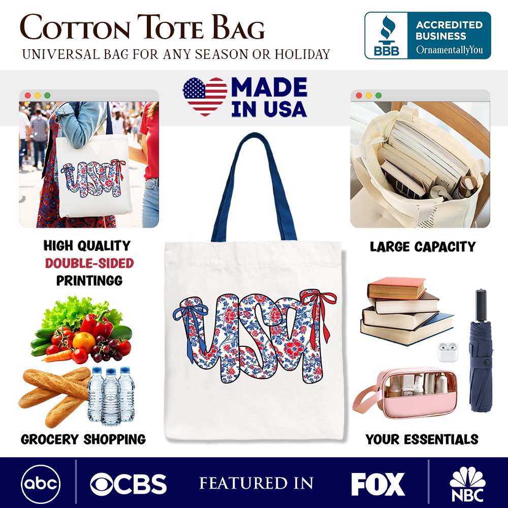 Floral USA Patriotic Canvas Tote Bag - Red, White and Blue Shopper
