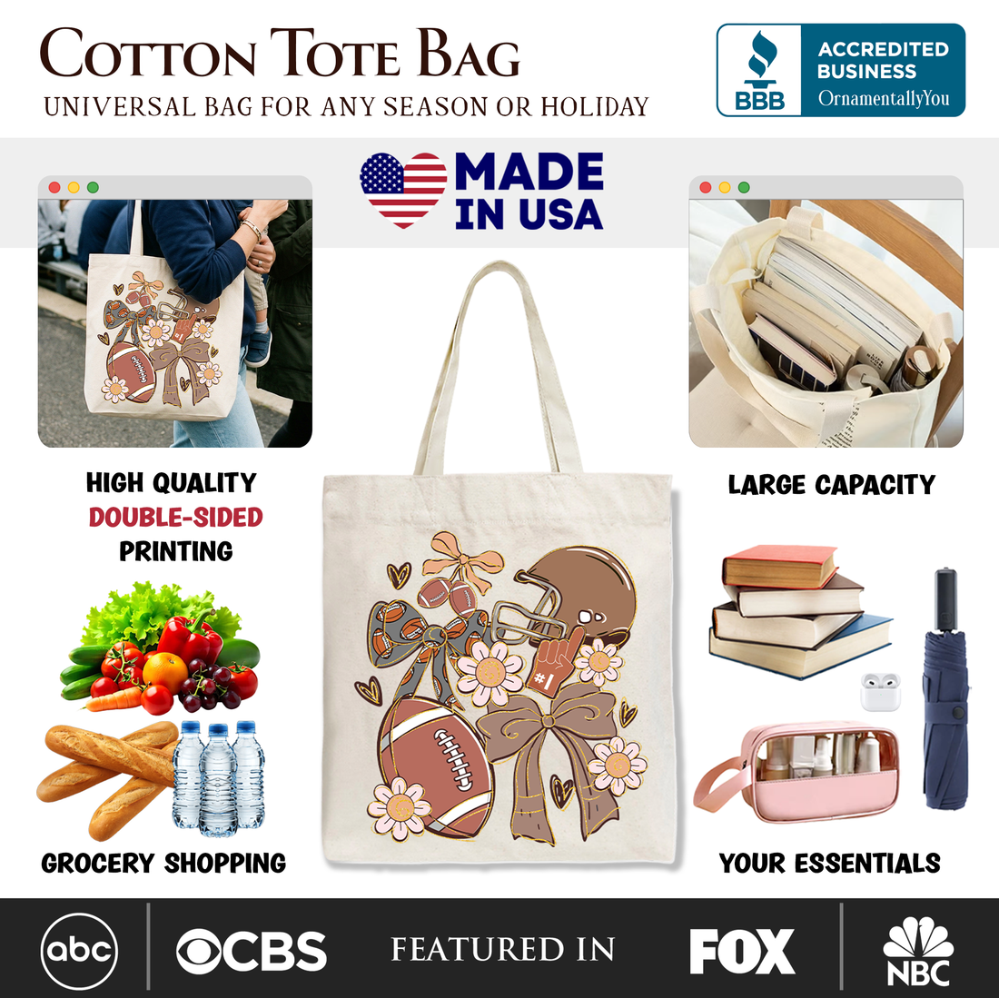 Football Mom Coquette Bow Daisy Game Day Canvas Tote Bag