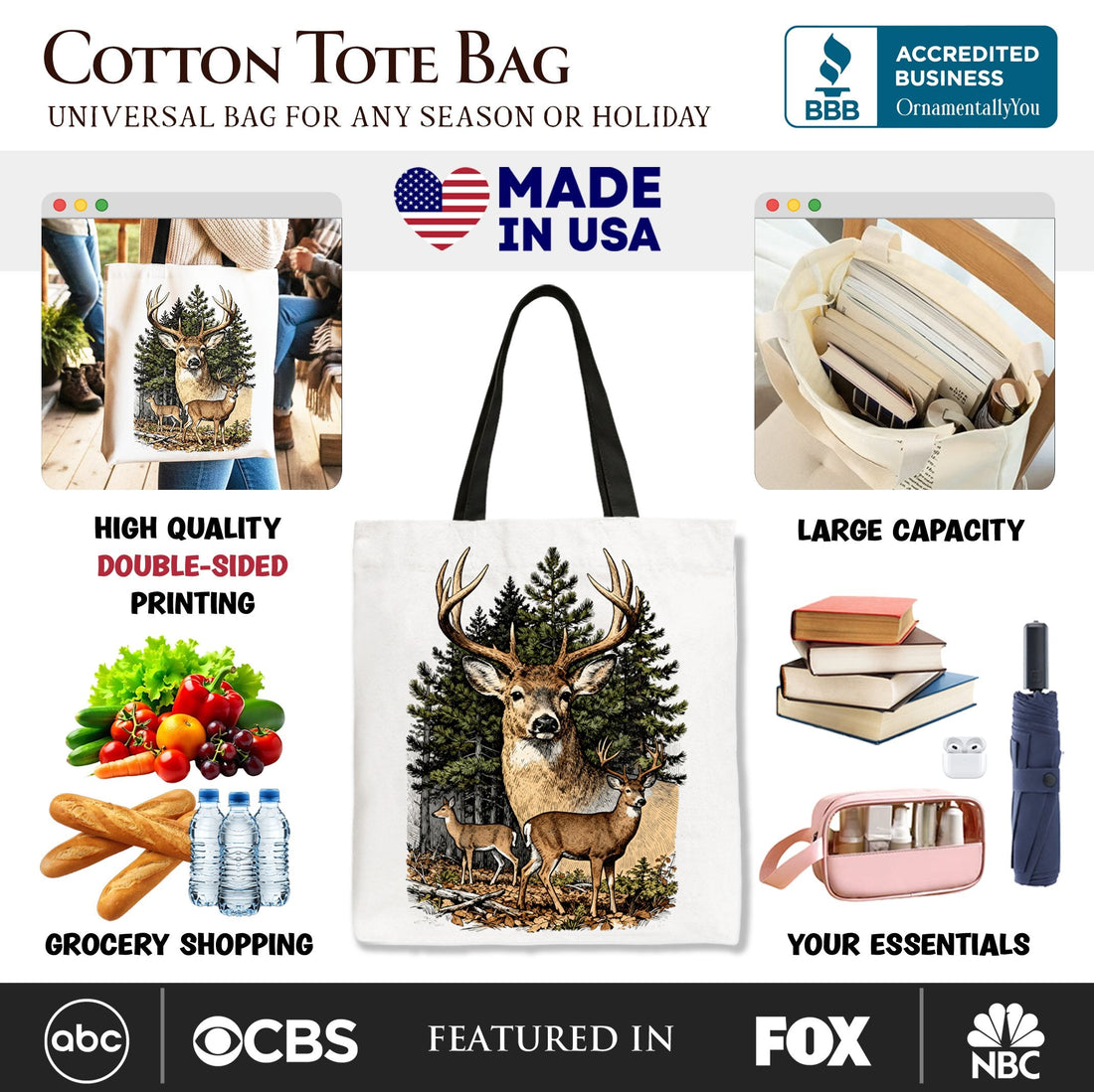 Forest Deers Vintage Grunge Canvas Tote Bag, Nature Shopper