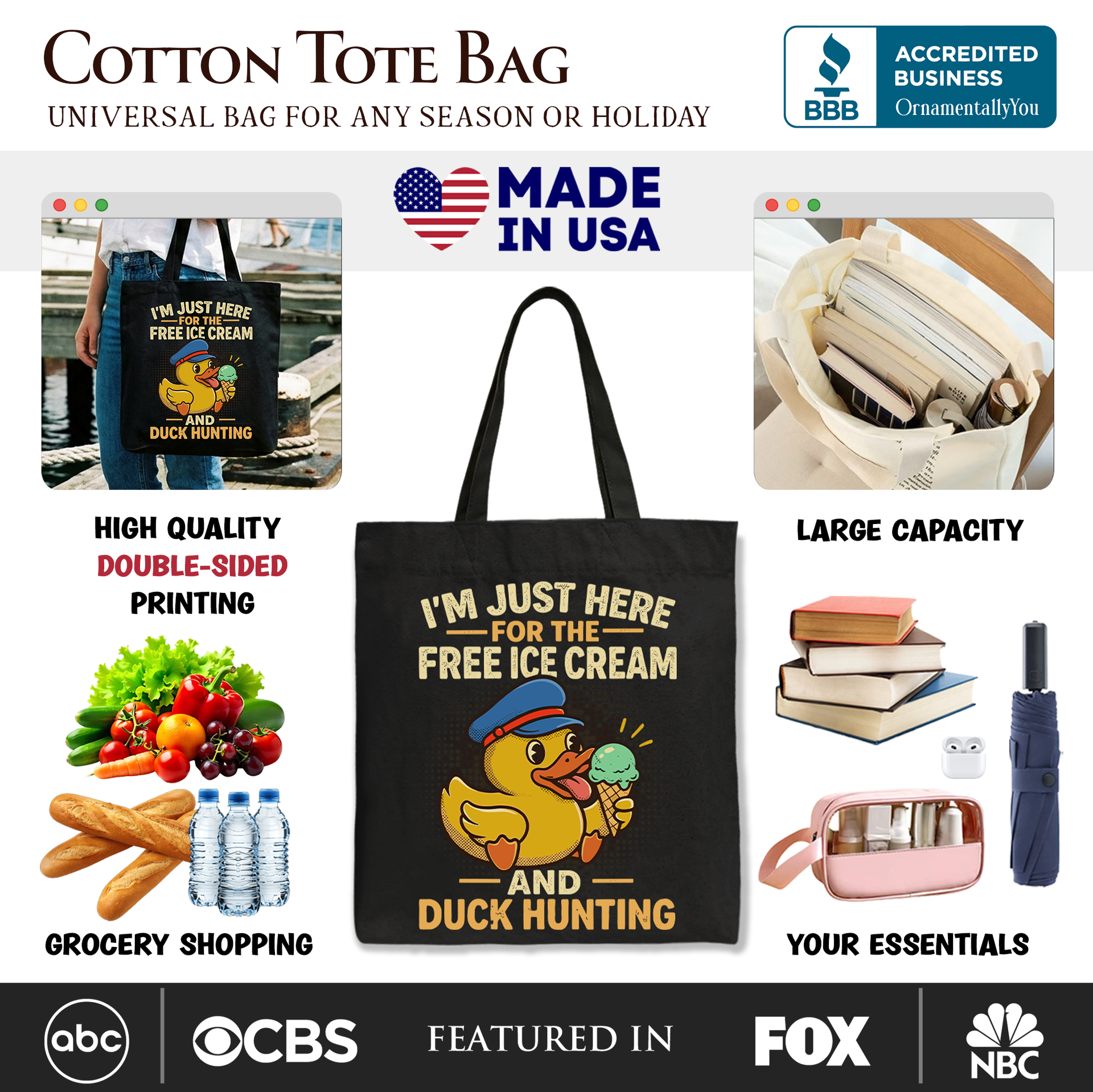 Funny Resin Duck Cruise Tote Bag, Ice Cream Vacation Shopper