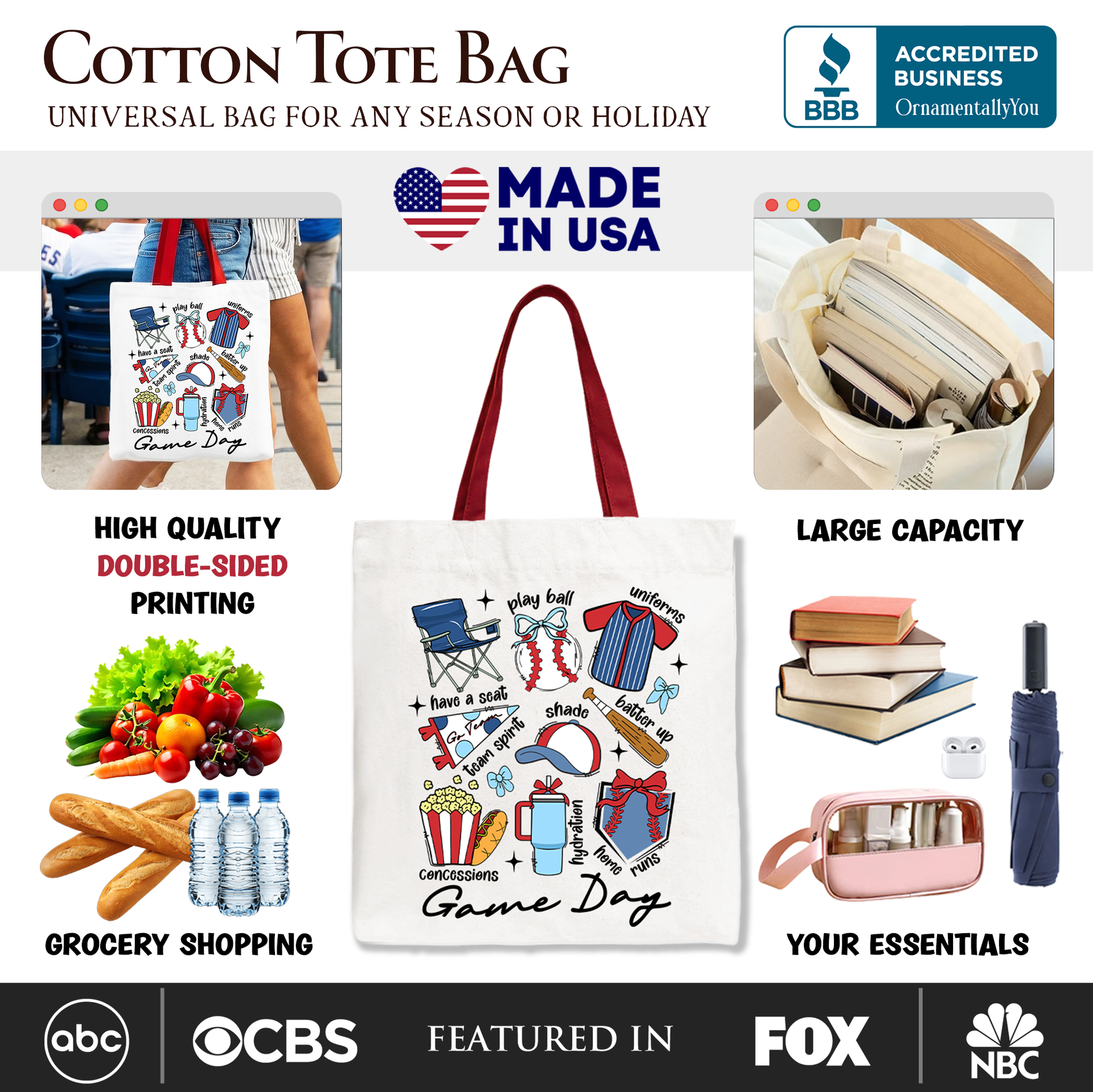 Game Day Baseball Tote Bag, Sports Fan Gift Shopper