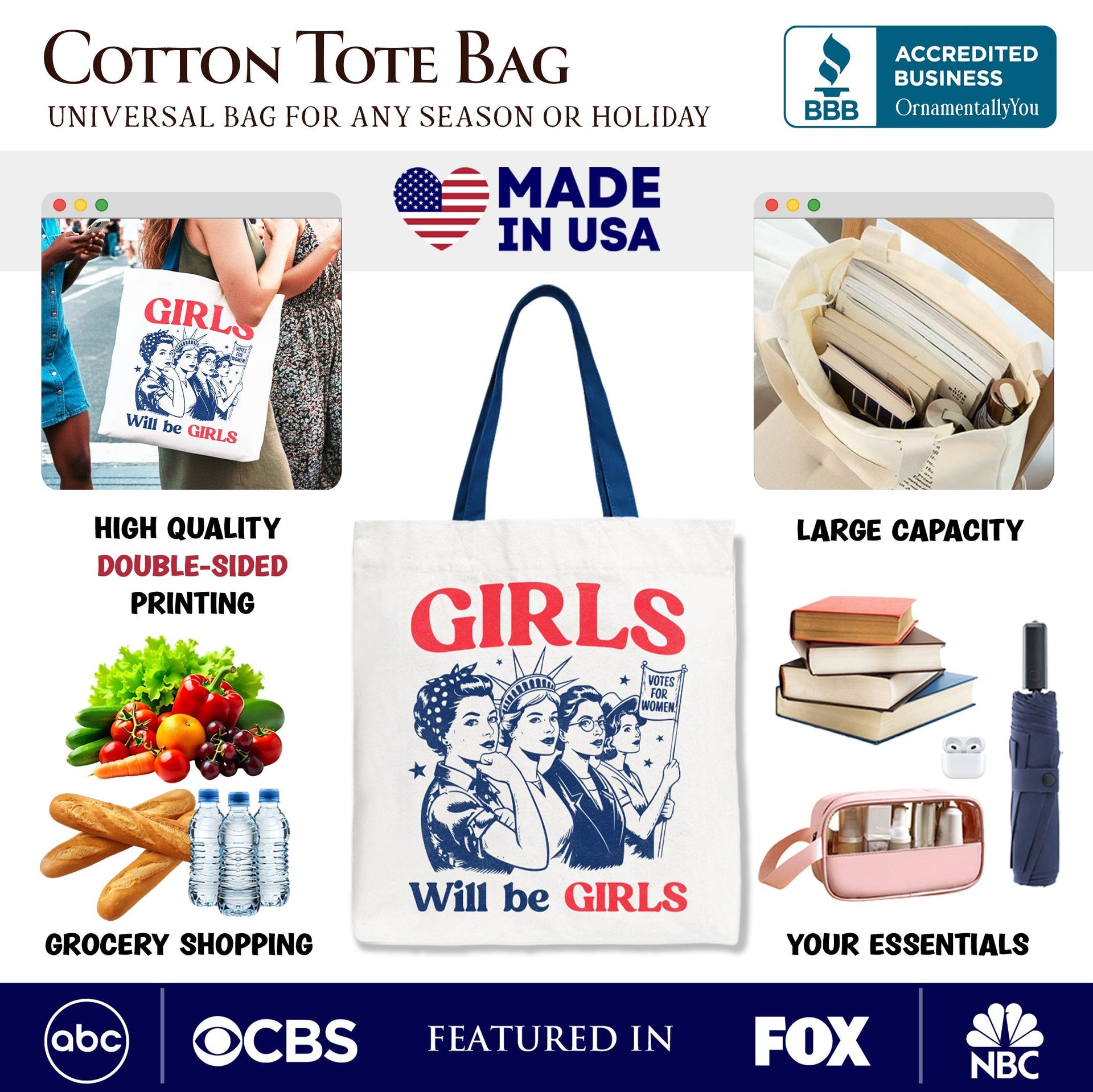 Patriotic Girls Will Be Girls Tote Bag - Vintage 4th of July Gift
