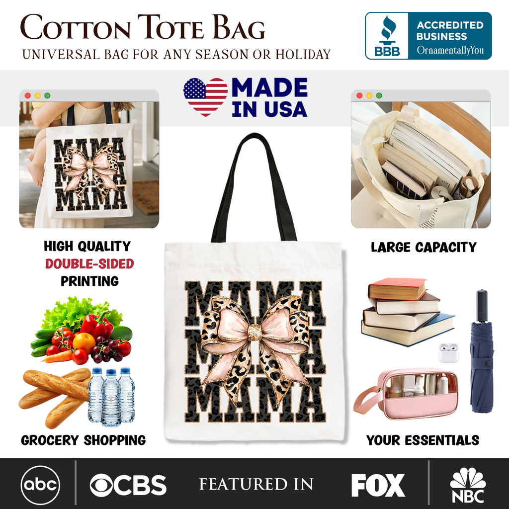 Glitter Leopard Mama Tote Bag with Coquette Bow for Trendy Moms