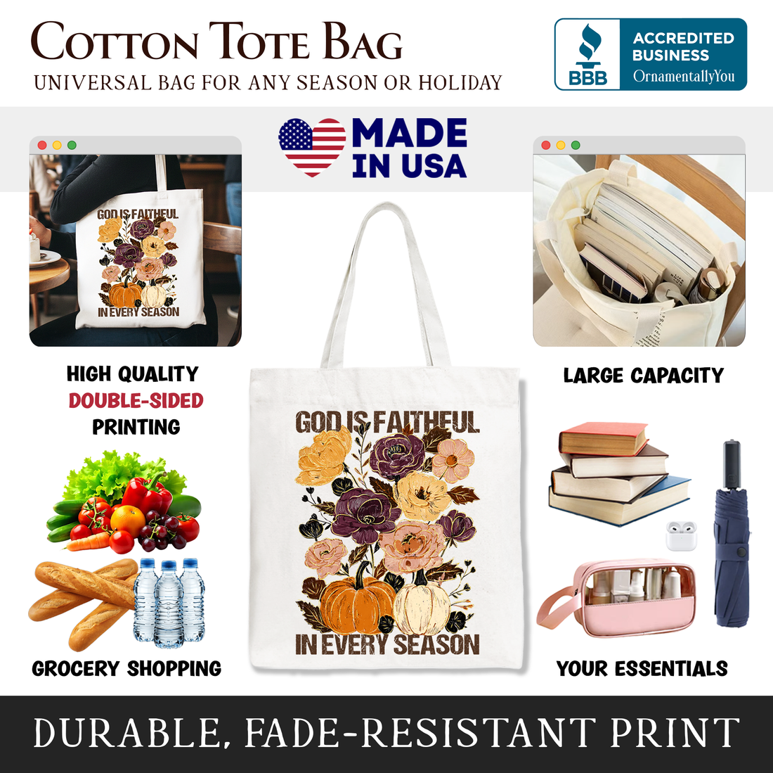 God Is Faithful Floral Tote Bag – Religious Fall Canvas Shopper