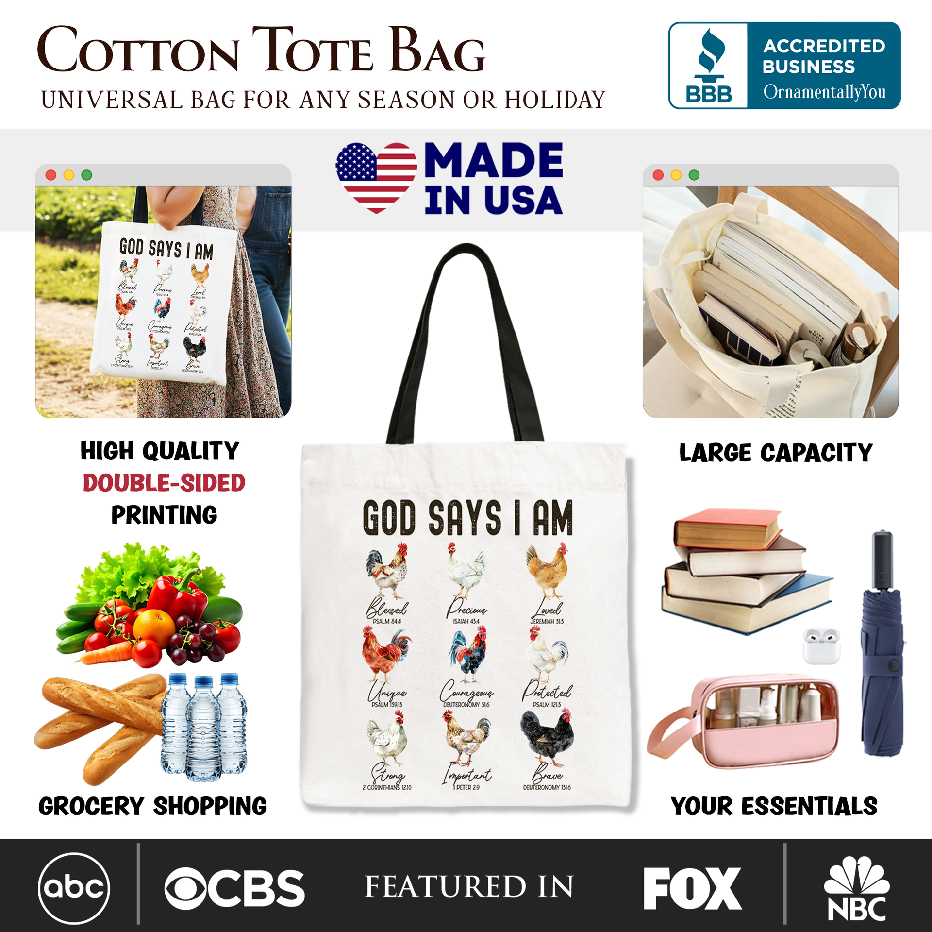 Faith-Based Rooster Tote Bag, Christian Farm Style Shopping Bag