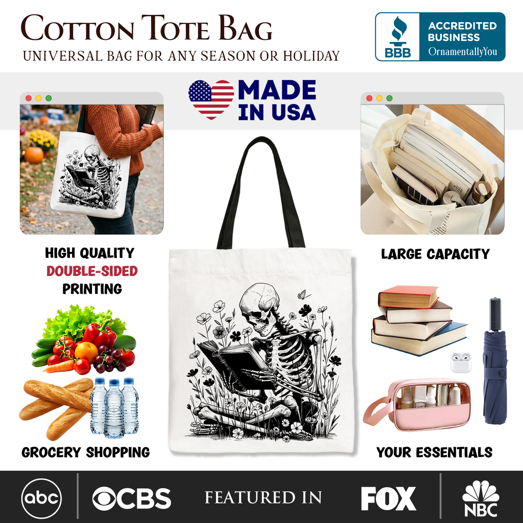 Gothic Reading Skeleton Tote Bag, Floral Halloween Book Lover Gift