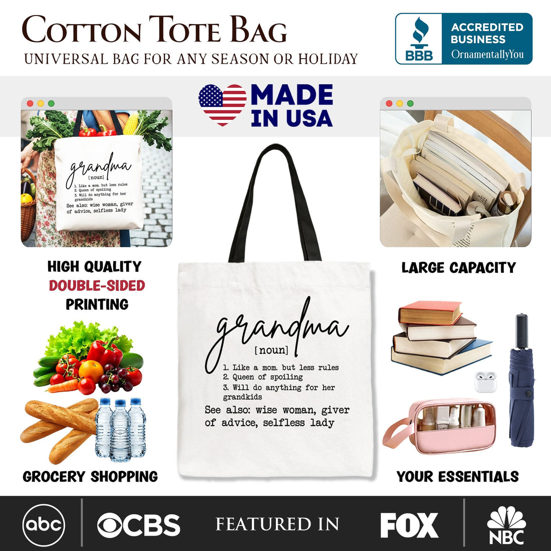 Grandma Definition Canvas Tote Bag, Minimalist Nana Gift Shopper