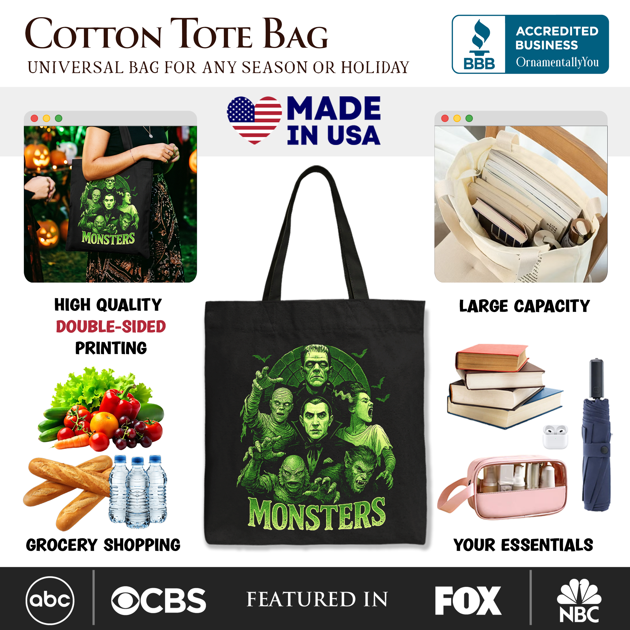 Green Retro Monsters Tote Bag - Vintage Horror Halloween Shopper
