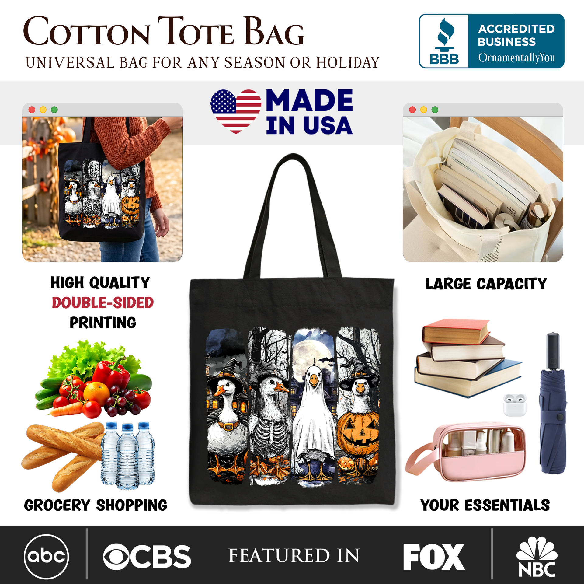 Spooky Halloween Goose Tote Bag - Fall Costume Bird Shopper