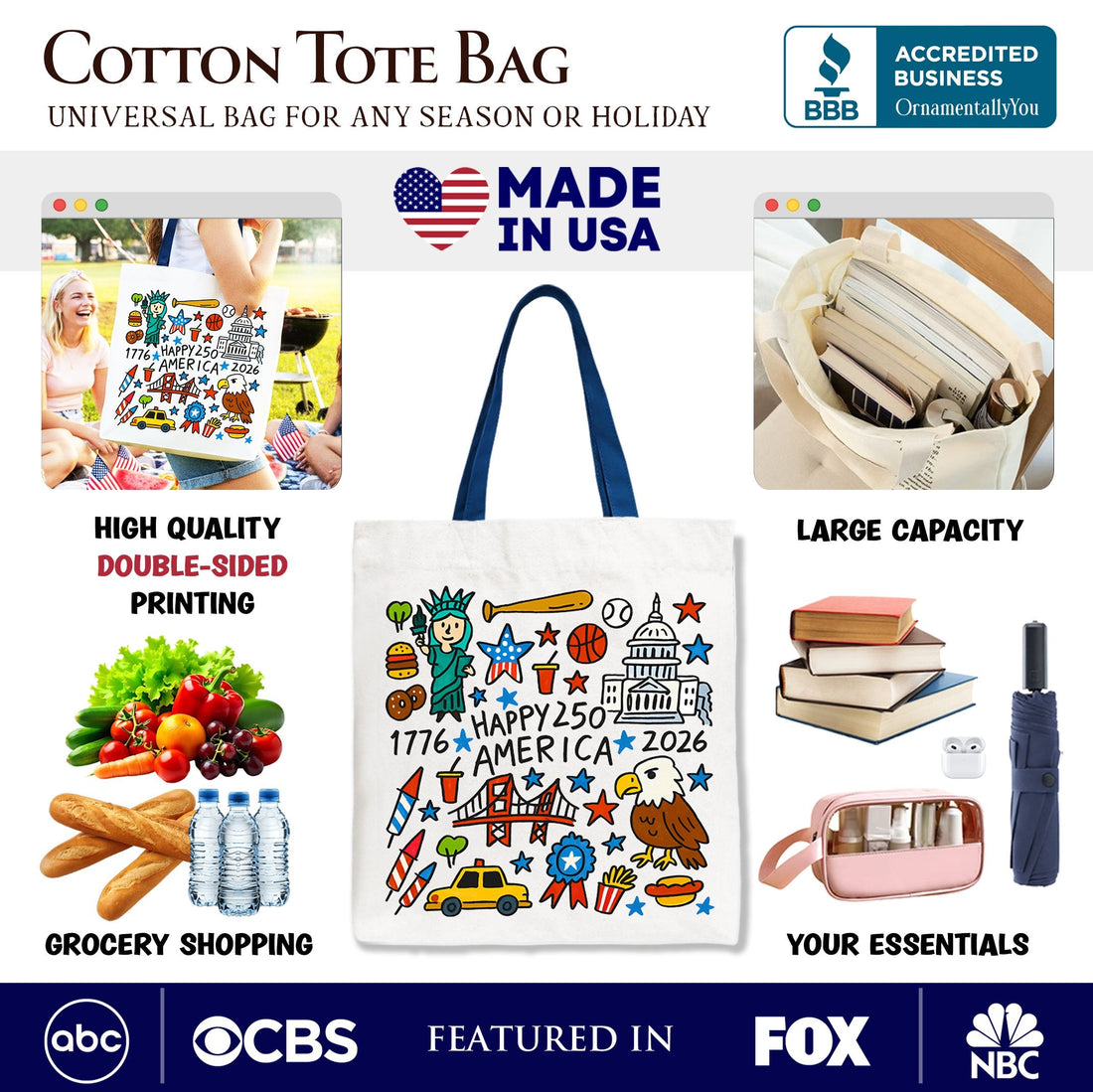 Happy 250 America Doodle Cotton Tote Bag USA Patriotic Anniversary