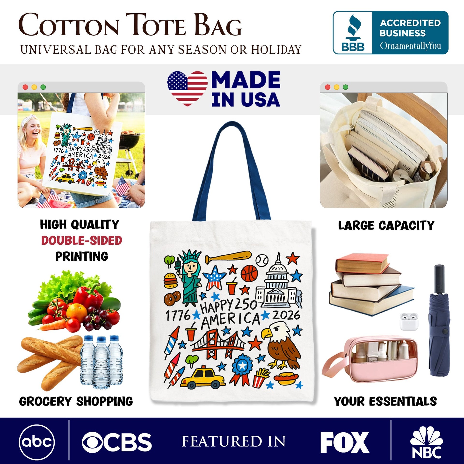 Happy 250 America Doodle Cotton Tote Bag USA Patriotic Anniversary