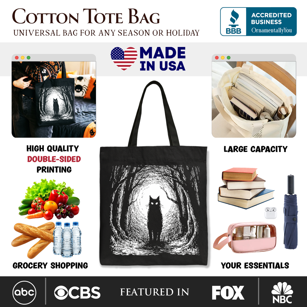 Haunted Forest Black Cat Tote Bag - Spooky Halloween Graphic Shopper